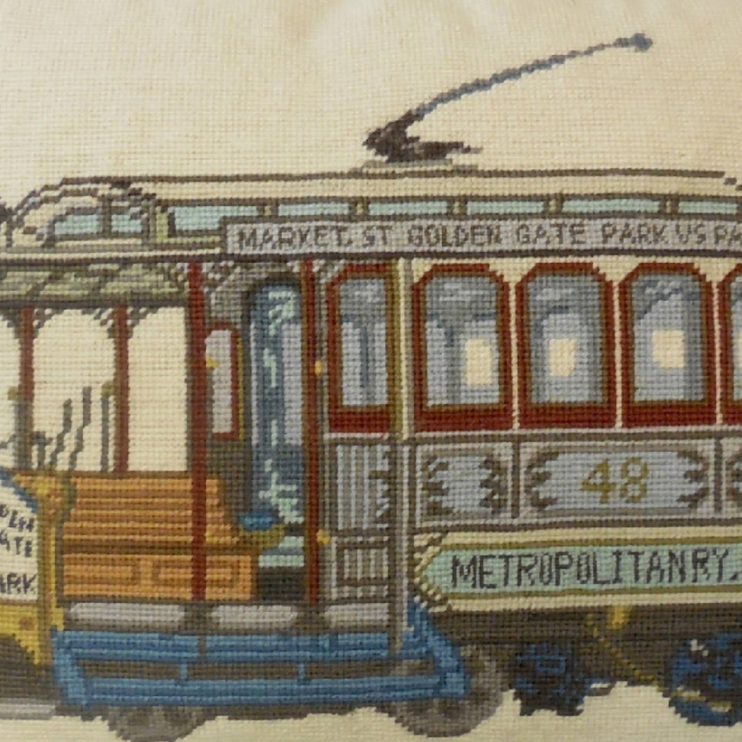 Handmade Wool Needlepoint Pillow Cover - Decorative Throw Cushion Cover - Vintage Floral Embroidery Design  of SF cable car Market-GGP-Page St checker cording