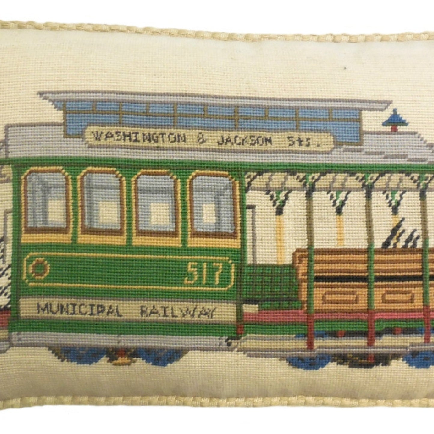 Handmade Wool Needlepoint Pillow Cover - Decorative Throw Cushion Cover - Vintage Floral Embroidery Design  SF cable car Washington-Jackson St checker cording