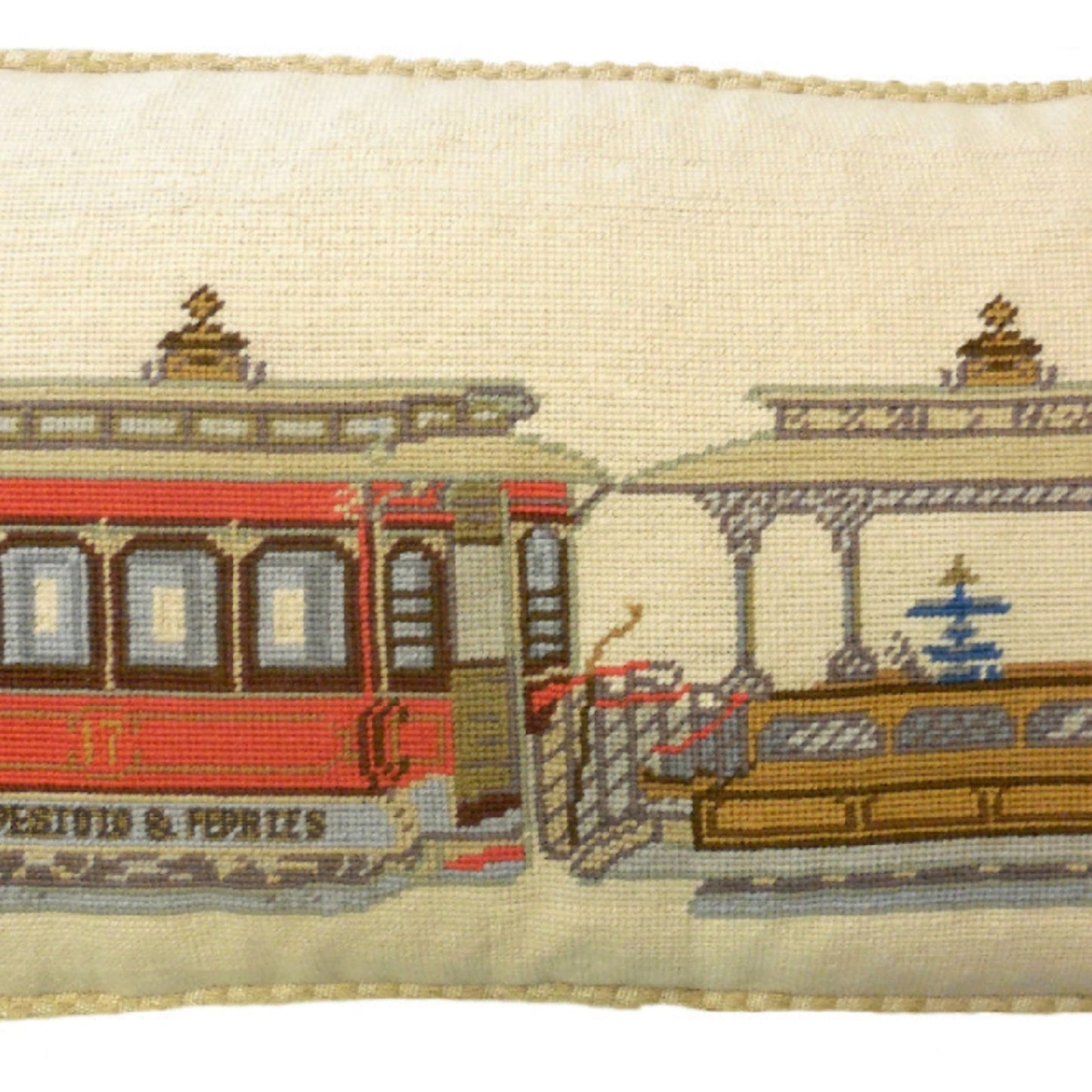 Handmade Wool Needlepoint Pillow Cover - Decorative Throw Cushion Cover - Vintage Floral Embroidery Design  SF cable car Presidio- Ferries checker cording