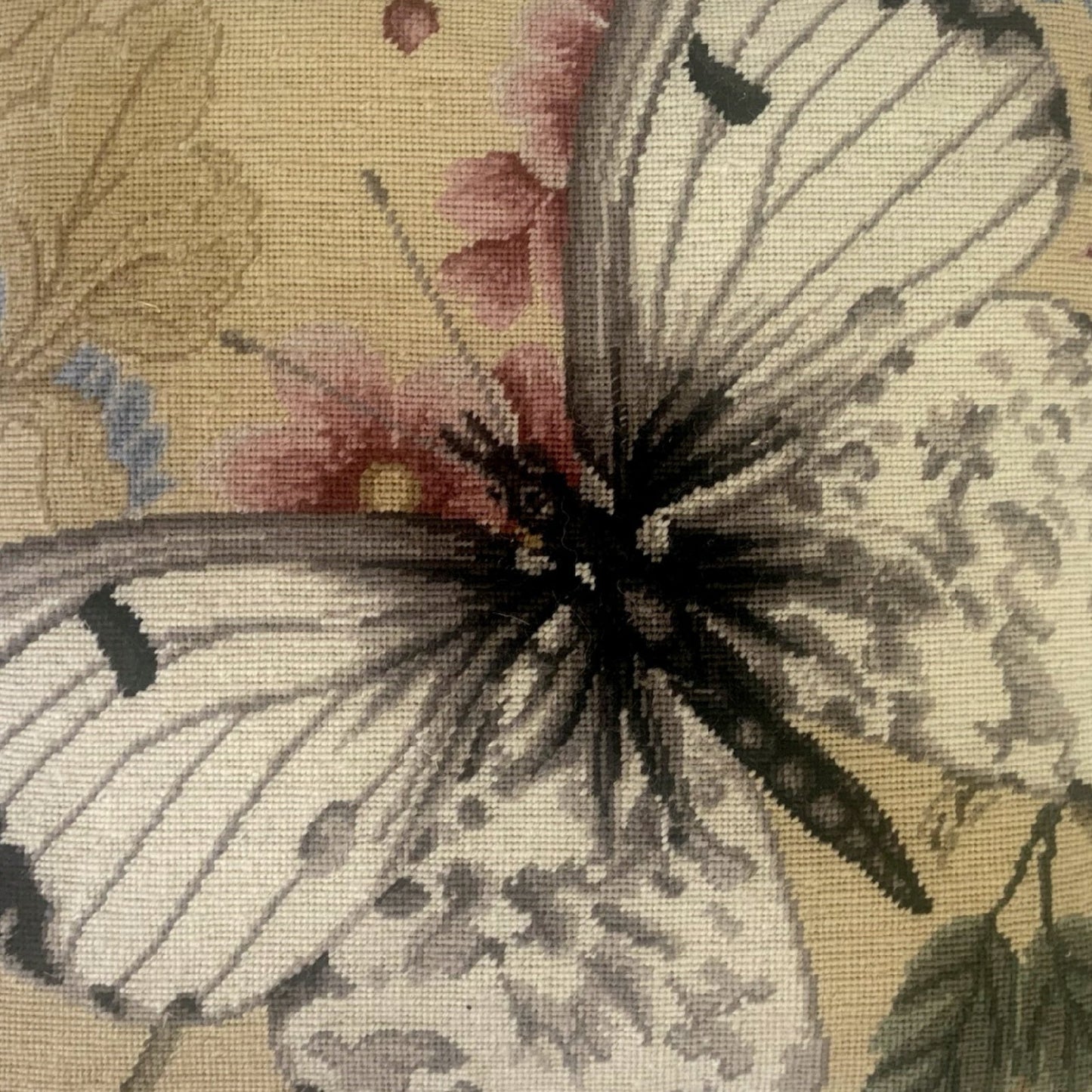 Handmade Wool Needlepoint Pillow Cover - Decorative Throw Cushion Cover - Vintage Floral Embroidery Design  butterfly w/b soft dots pink flower with cording