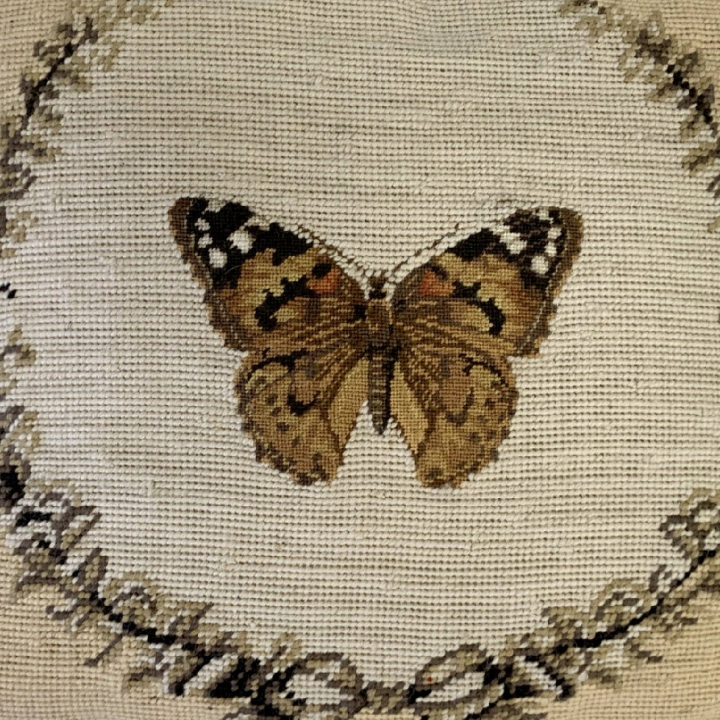 Handmade Wool Needlepoint Pillow Cover - Decorative Throw Cushion Cover - Vintage Floral Embroidery Design brown butterfly with 2 color tassel