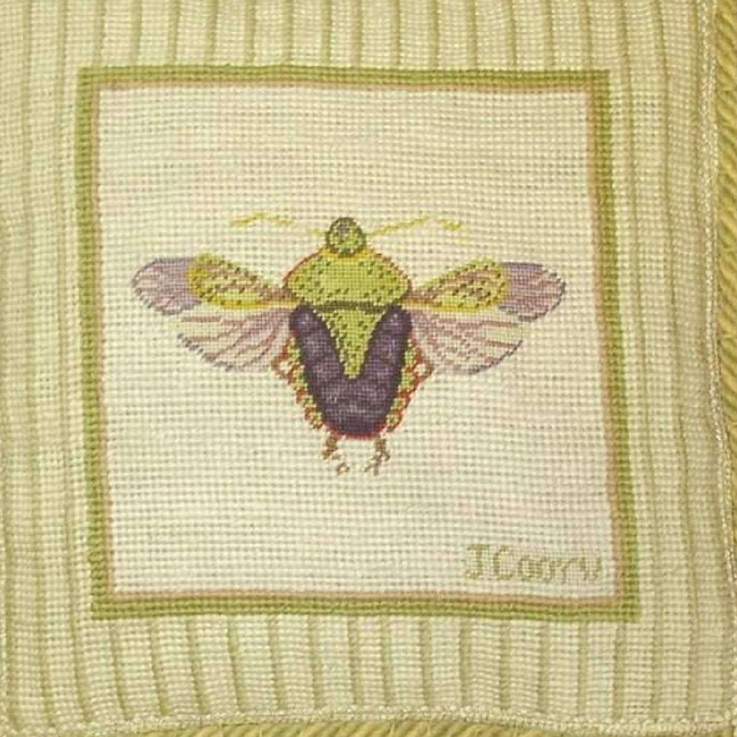 Handmade Wool Needlepoint Pillow Cover - Decorative Throw Cushion Cover - Vintage Floral Embroidery Design Jan Cooleys Stink Bug Finest insect Flyer grosspoint background with tassels