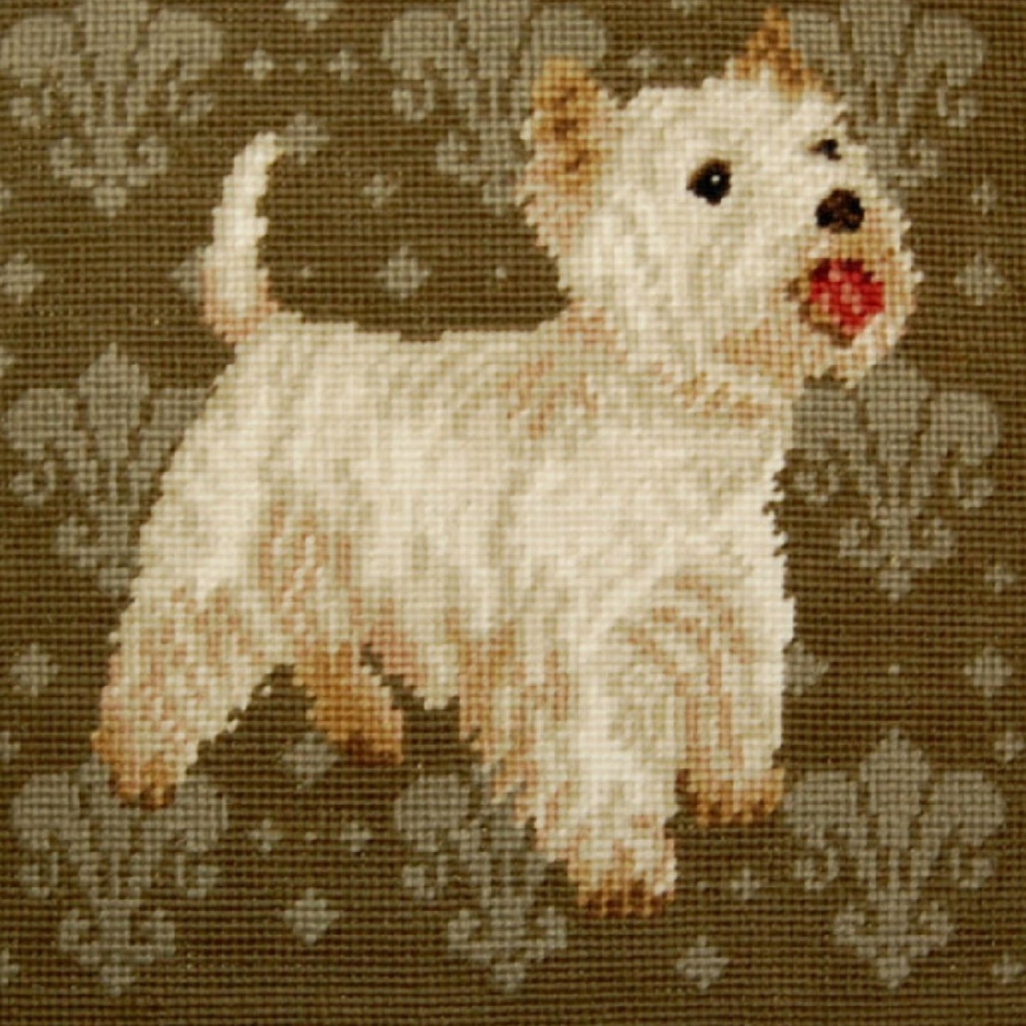 Handmade Wool Needlepoint Pillow Cover - Decorative Throw Cushion Cover - Vintage Floral Embroidery Design on Westies eyes & nose rest grosspoint