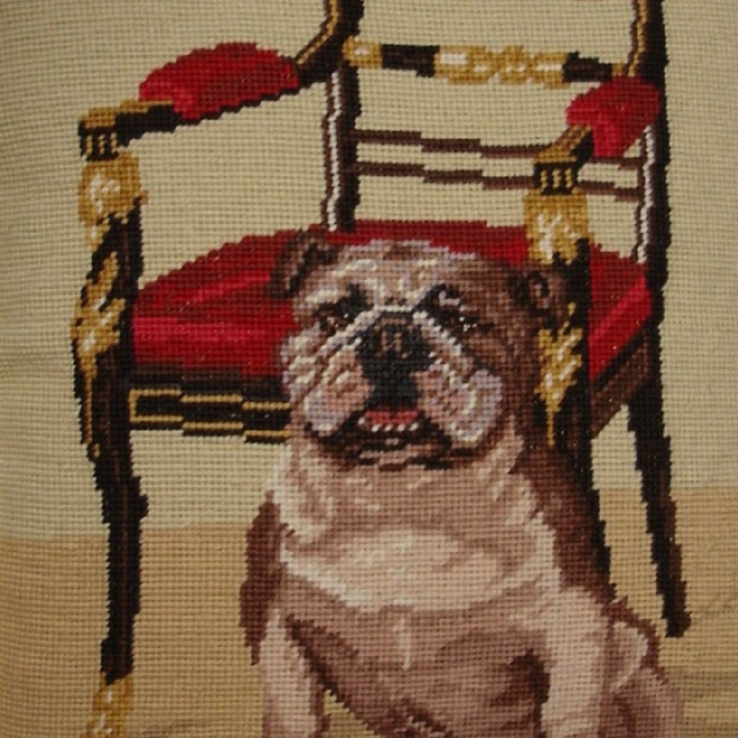 Handmade Wool Needlepoint Pillow Cover - Decorative Throw Cushion Cover - Vintage Floral Embroidery Design bull dog