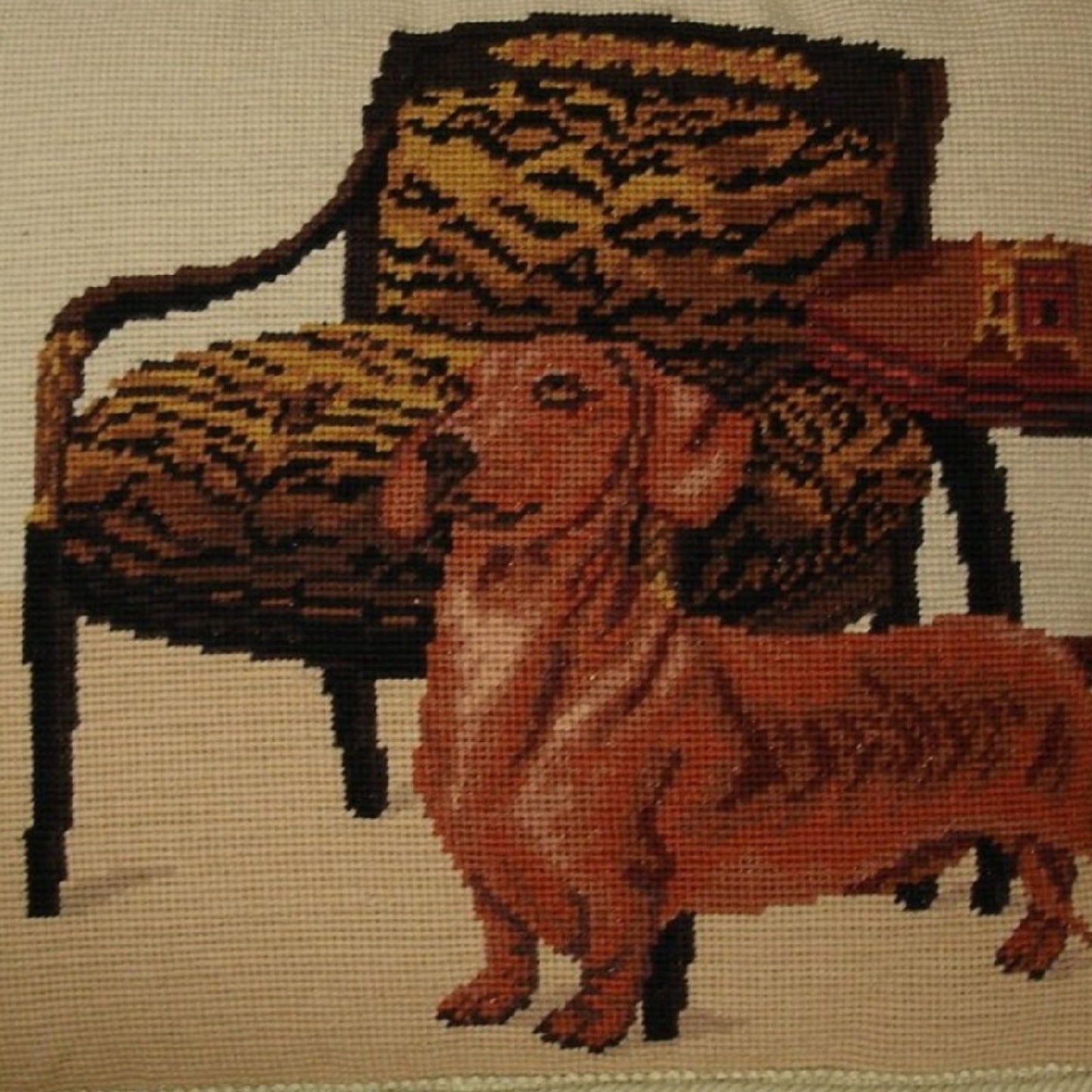 Handmade Wool Needlepoint Pillow Cover - Decorative Throw Cushion Cover - Vintage Floral Embroidery Design Dachshund