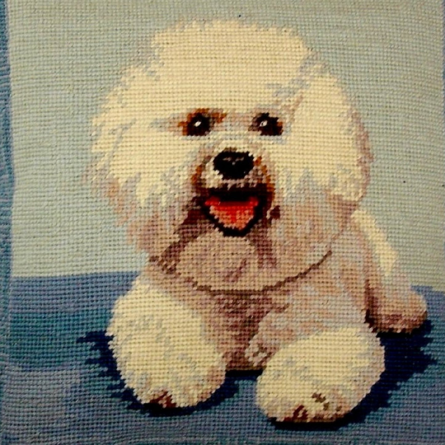 Handmade Wool Needlepoint Pillow Cover - Decorative Throw Cushion Cover - Vintage Floral Embroidery Design Bichon Frise in blue background