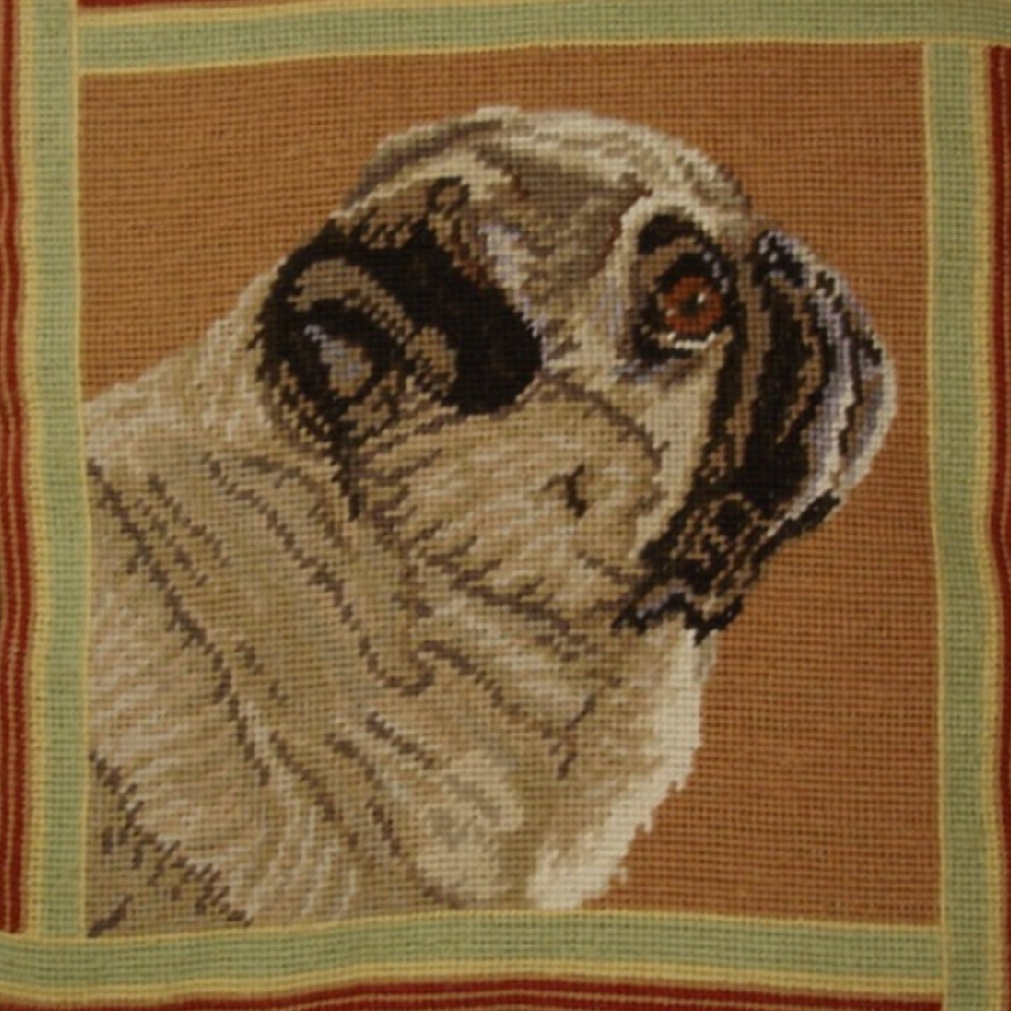 Handmade Wool Needlepoint Pillow Cover - Decorative Throw Cushion Cover - Vintage Floral Embroidery Design brown pug with 3 color tassel