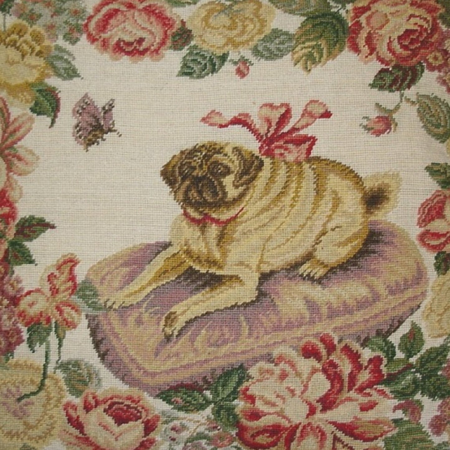 Handmade Wool Needlepoint Pillow Cover - Decorative Throw Cushion Cover - Vintage Floral Embroidery Design  Pug on the purple cushion with tassels