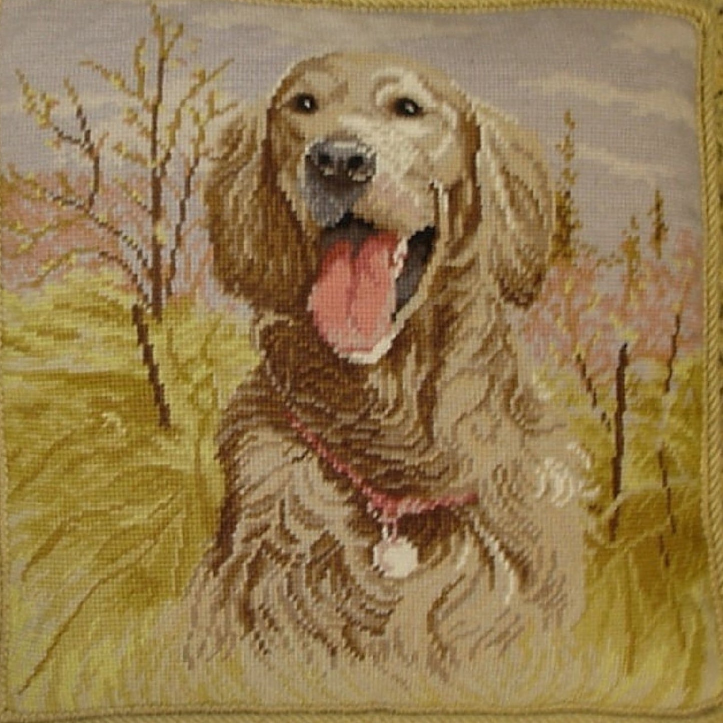 Handmade Wool Needlepoint Pillow Cover - Decorative Throw Cushion Cover - Vintage Floral Embroidery Design gold lab with tassel