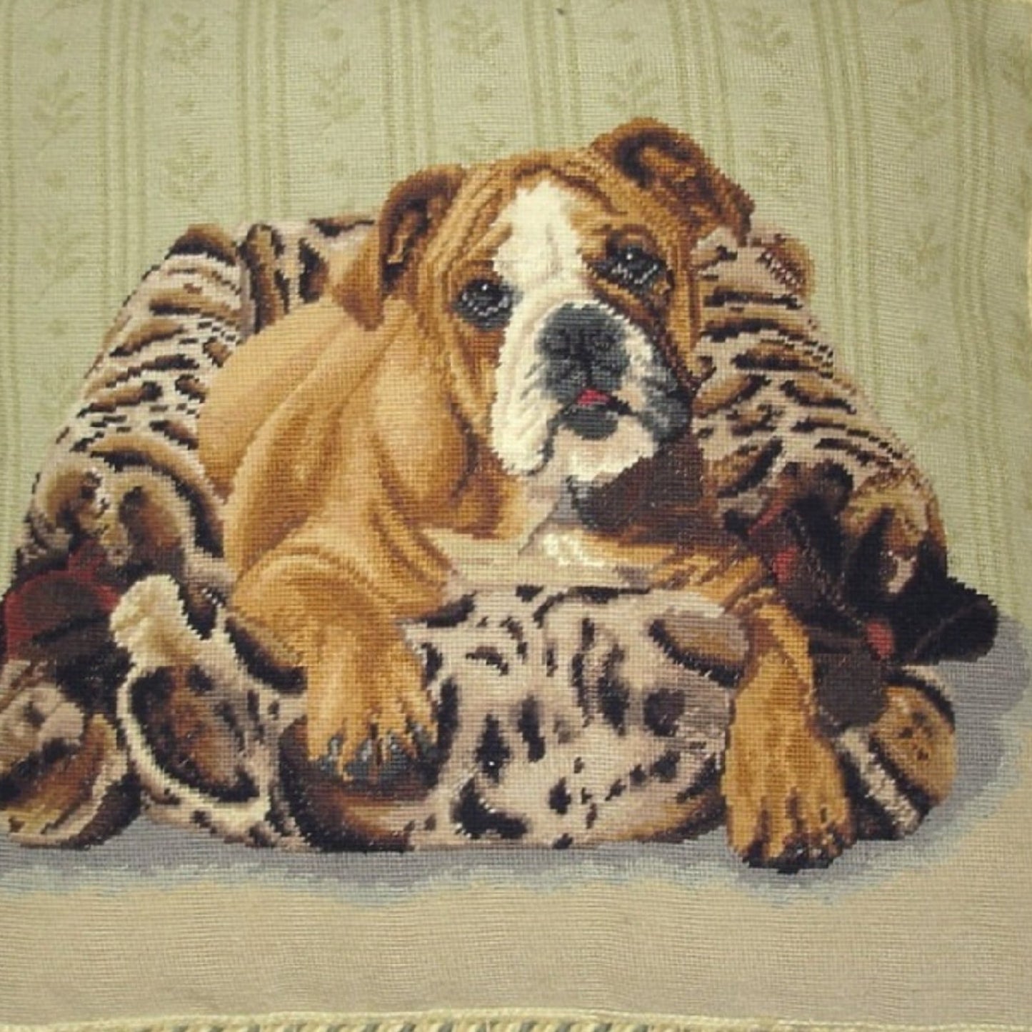 Handmade Wool Needlepoint Pillow Cover - Decorative Throw Cushion Cover - Vintage Floral Embroidery Design  bull dog with mixed green tassel