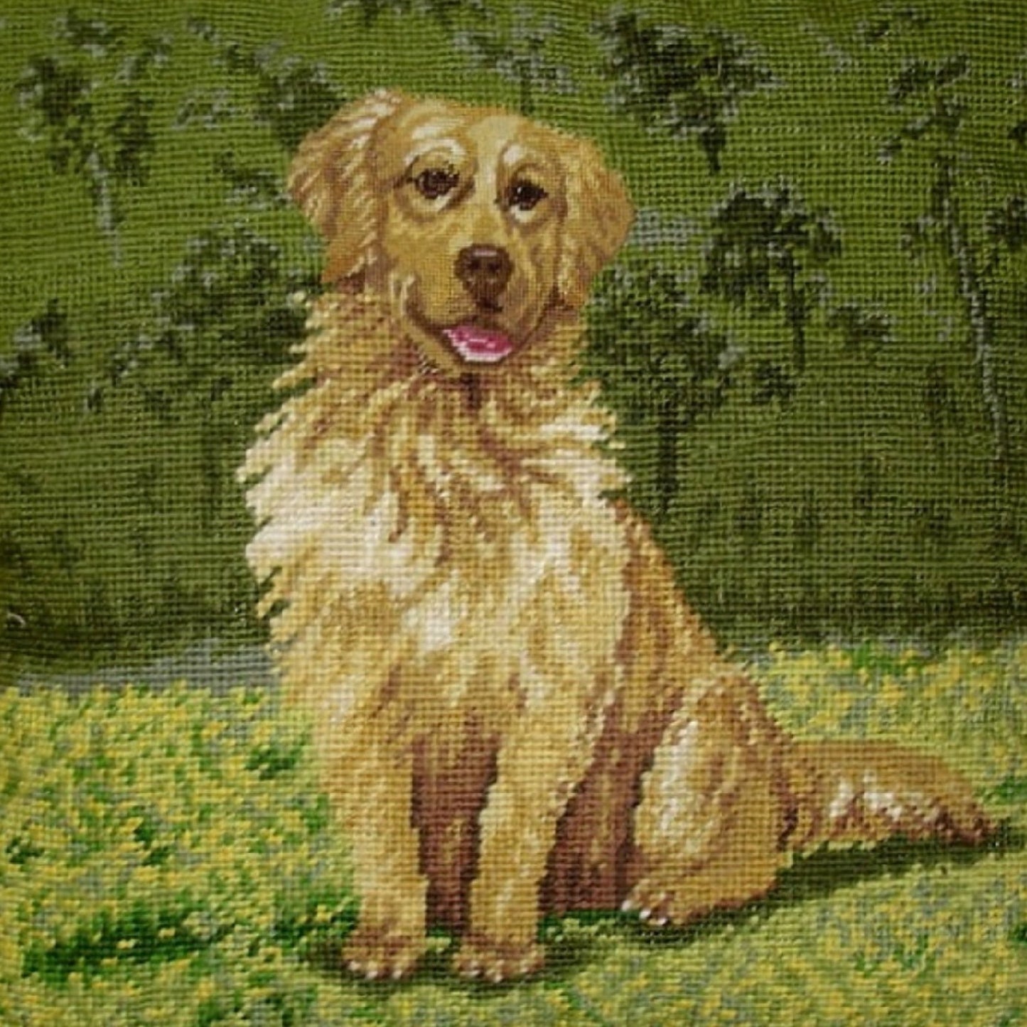 Handmade Wool Needlepoint Pillow Cover - Decorative Throw Cushion Cover - Vintage Floral Embroidery Design Golden Retrieve with tassels