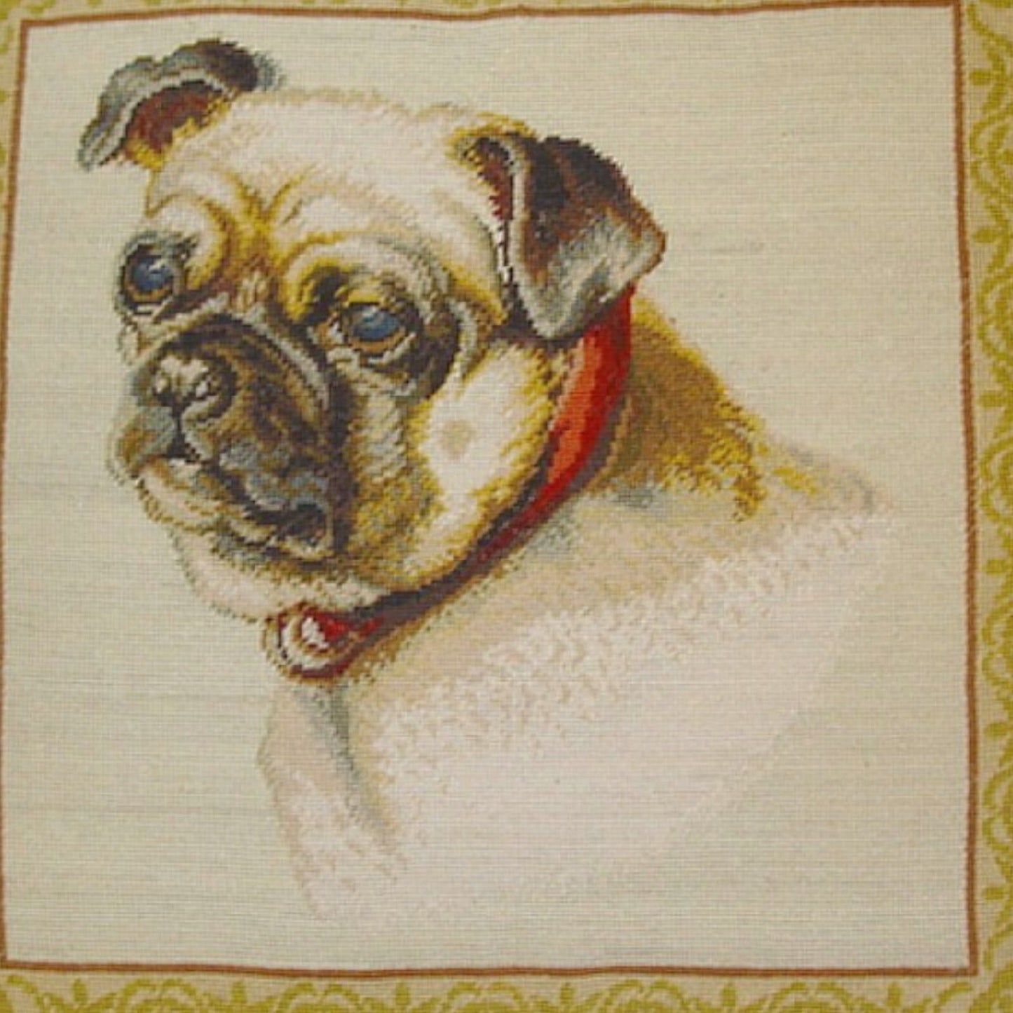 Handmade Wool Needlepoint Pillow Cover - Decorative Throw Cushion Cover - Vintage Floral Embroidery Design  Pug dog nature background