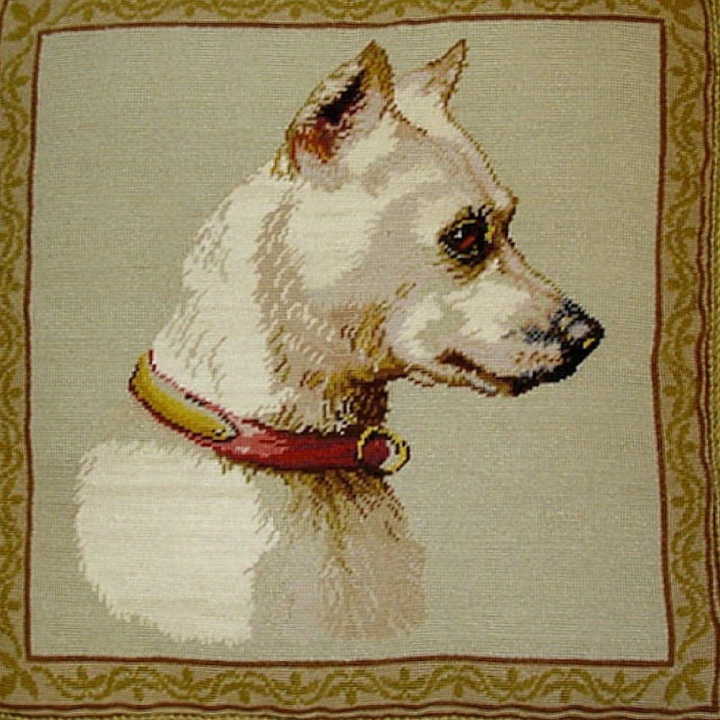 Handmade Wool Needlepoint Pillow Cover - Decorative Throw Cushion Cover - Vintage Floral Embroidery Design  Bull Terrie Light with sand nature tassel