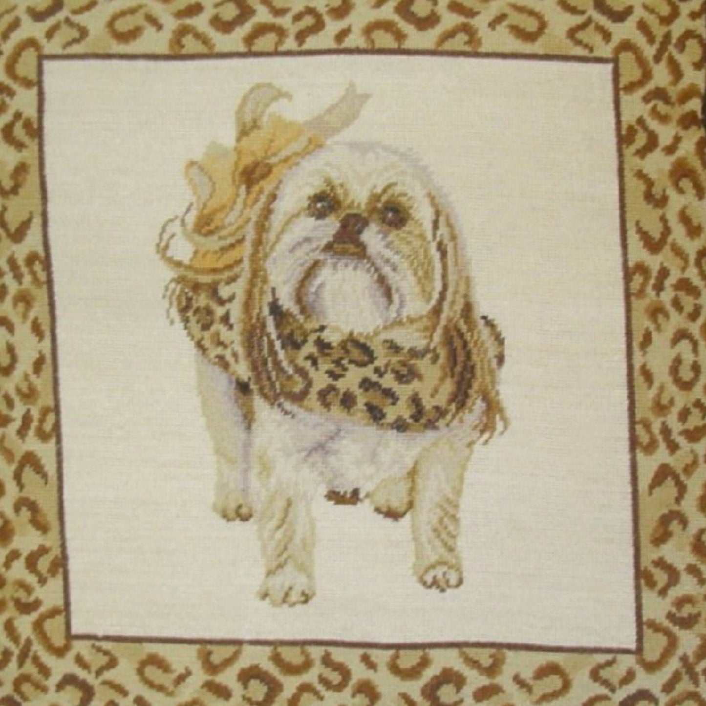 Handmade Wool Needlepoint Pillow Cover - Decorative Throw Cushion Cover - Vintage Floral Embroidery Design  Shih-Tzu ware the animal print scarf with 2 color tassel