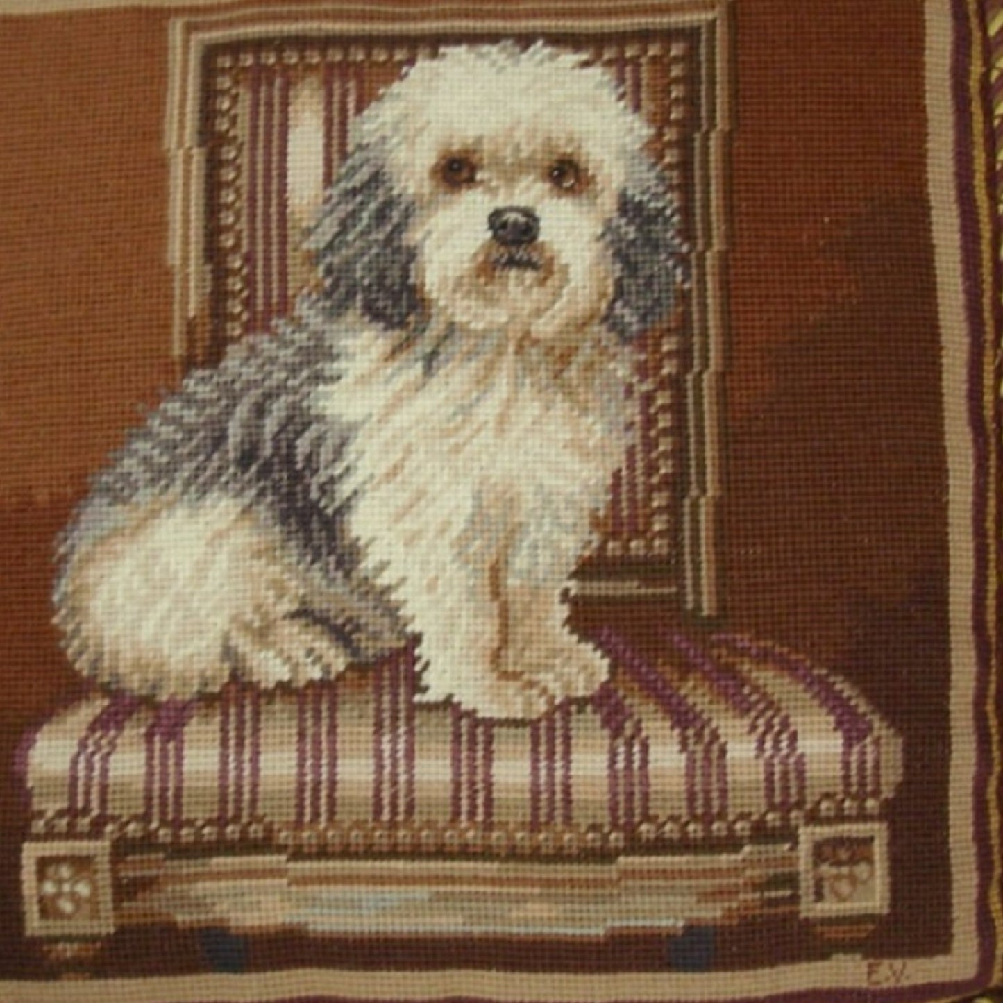 Handmade Wool Needlepoint Pillow Cover - Decorative Throw Cushion Cover - Vintage Floral Embroidery Design Elaine Vollherbst Design Elegant Terrier