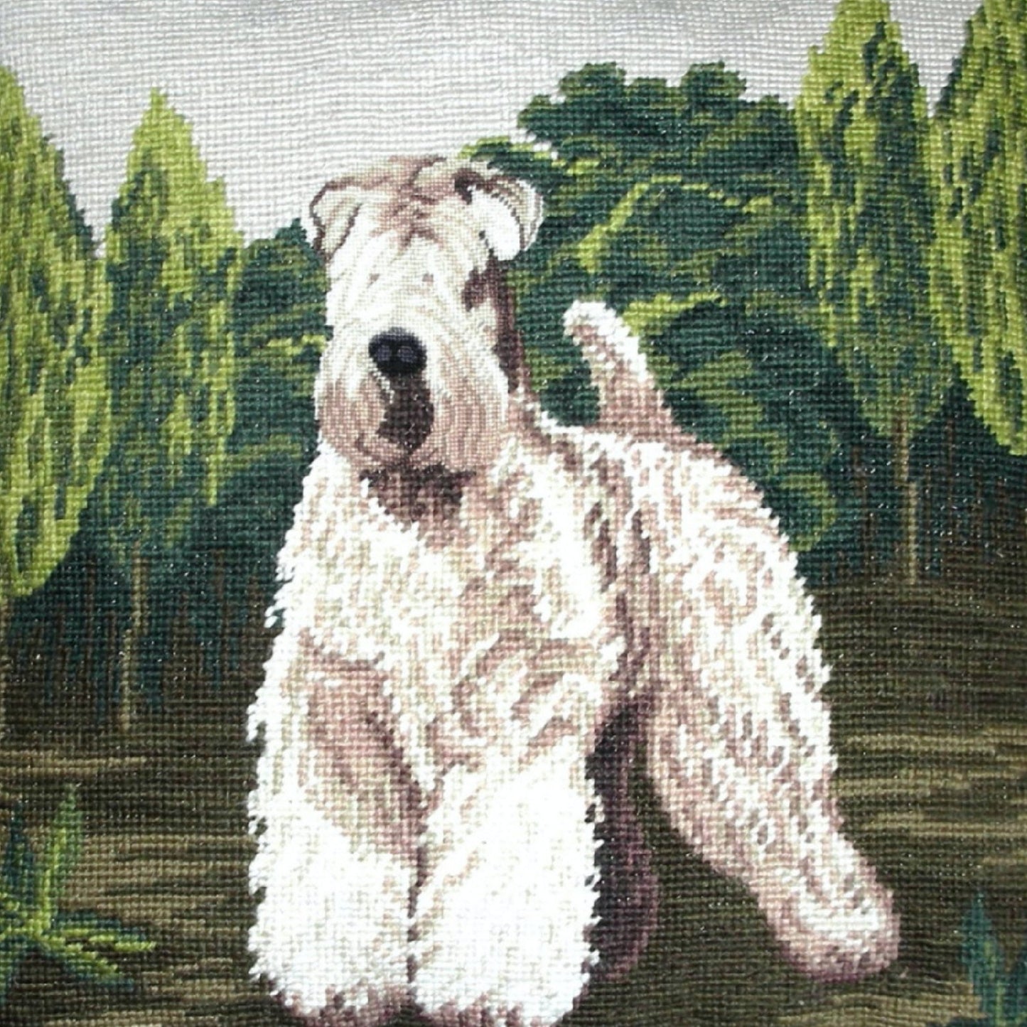 Handmade Wool Needlepoint Pillow Cover - Decorative Throw Cushion Cover - Vintage Floral Embroidery Design white Wheaten Terrie face rest with tassels