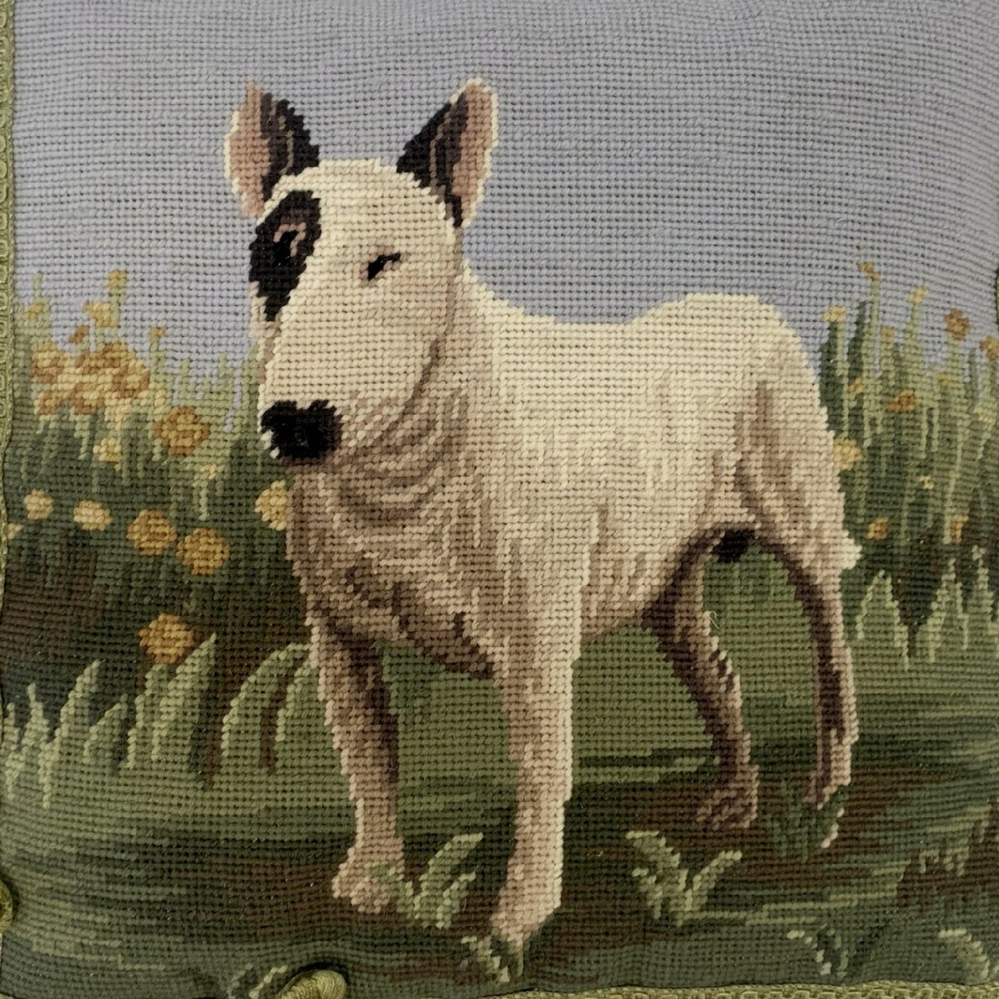Handmade Wool Needlepoint Pillow Cover - Decorative Throw Cushion Cover - Vintage Floral Embroidery Design bullseyes dog with tassels