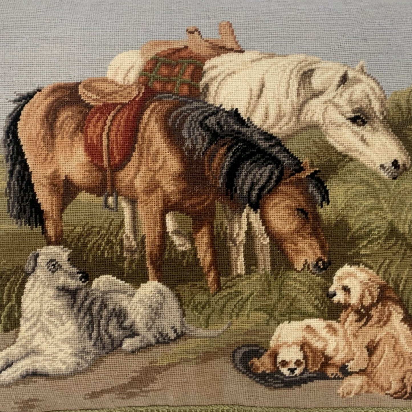 Handmade Wool Needlepoint Pillow Cover - Decorative Throw Cushion Cover - Vintage Floral Embroidery Design  Horses & Dogs with 2 color tassels