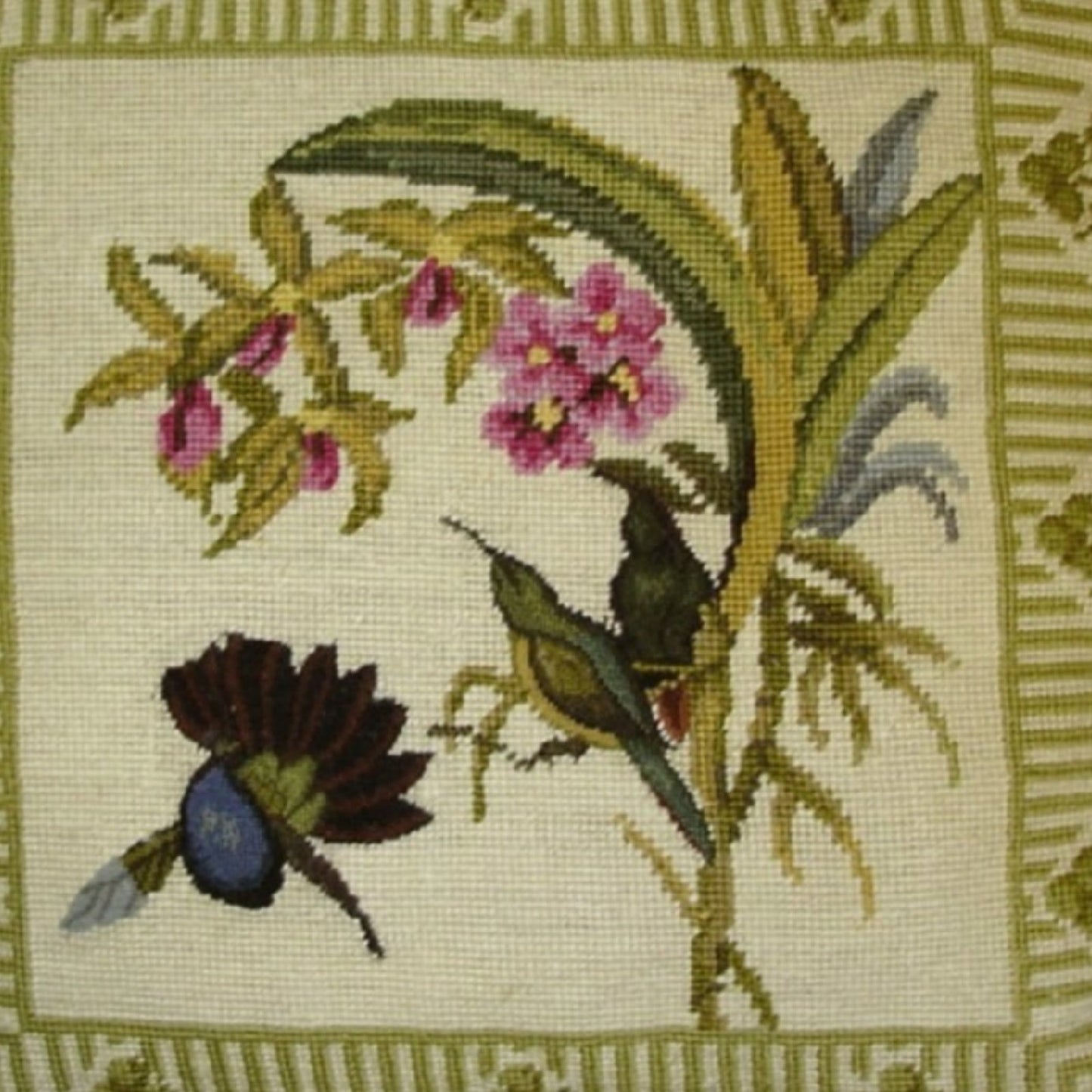 Handmade Wool Needlepoint Pillow Cover - Decorative Throw Cushion Cover - Vintage Floral Embroidery Design 3 birds & pink Lily)