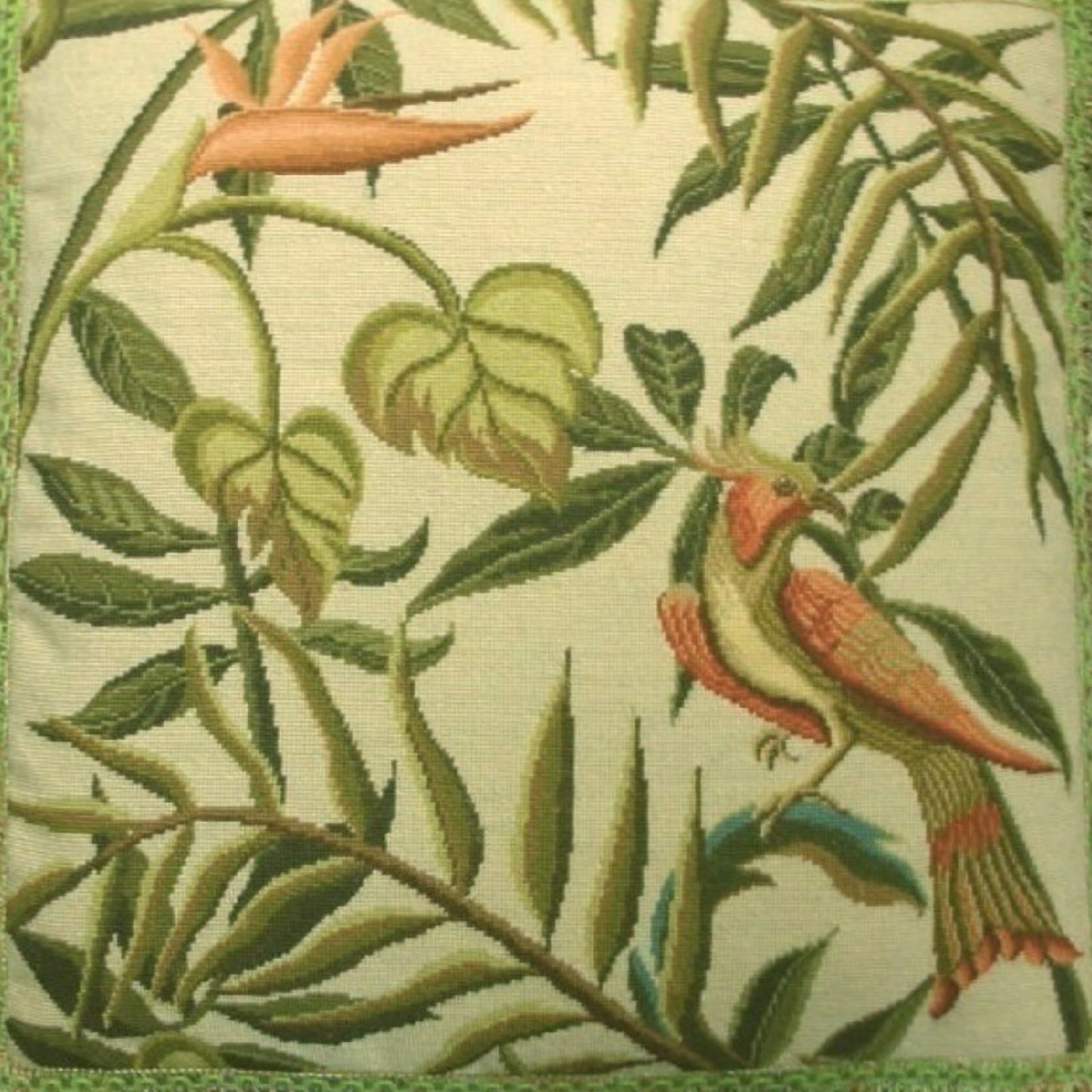 Handmade Wool Needlepoint Pillow Cover - Decorative Throw Cushion Cover - Vintage Floral Embroidery Design  birds of Paradise  with tassel