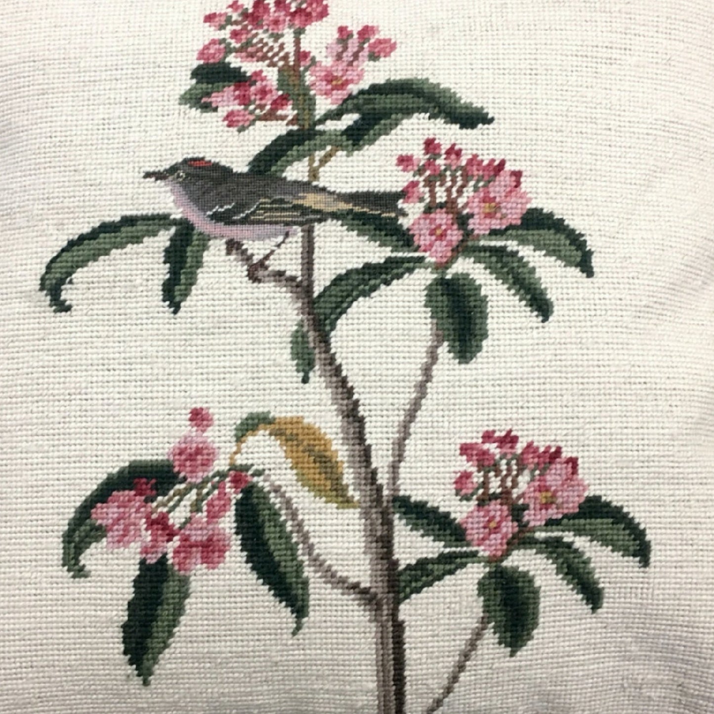 Handmade Wool Needlepoint Pillow Cover - Decorative Throw Cushion Cover - Vintage Floral Embroidery Design gray bird pink flower background with tassels