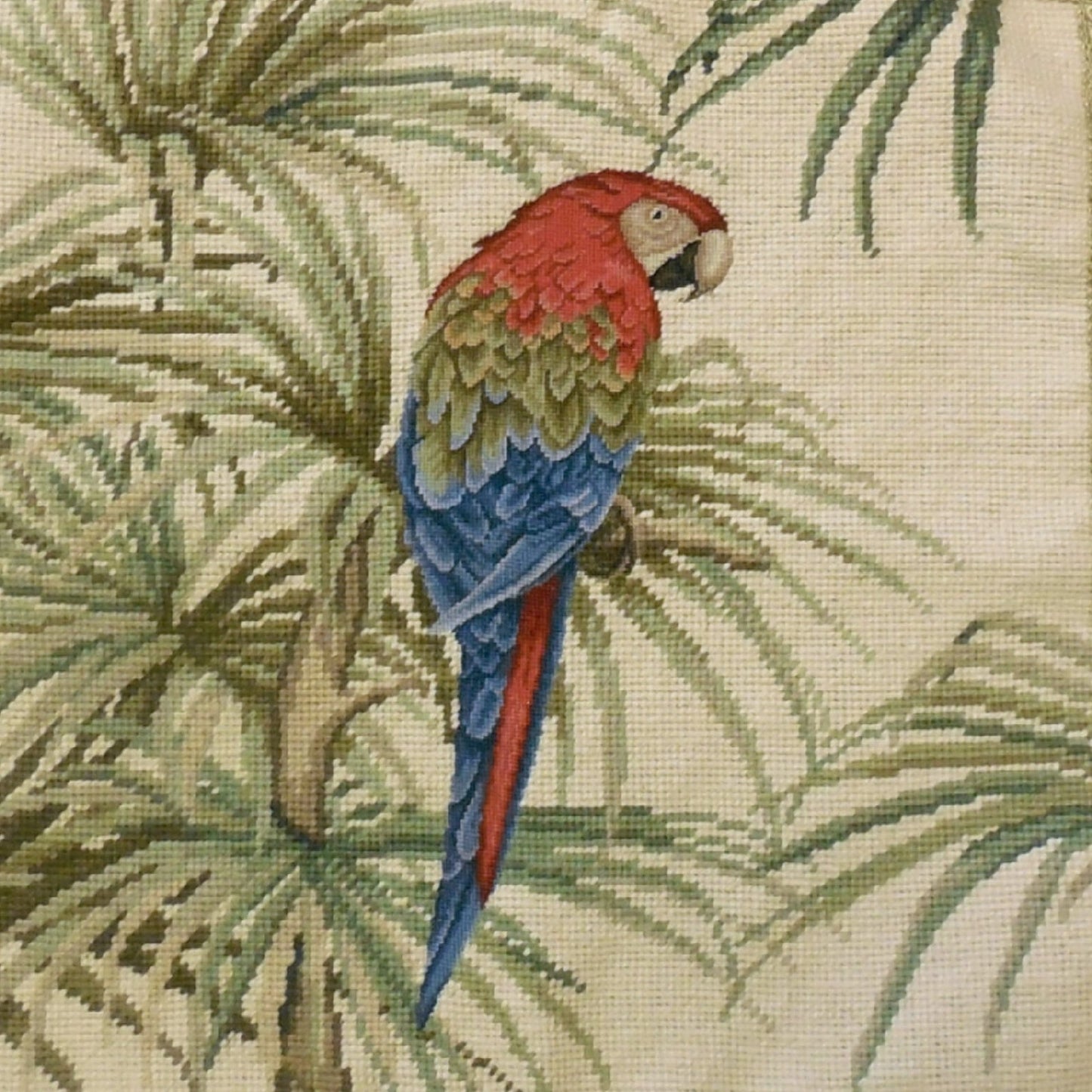 Handmade Wool Needlepoint Pillow Cover - Decorative Throw Cushion Cover - Vintage Floral Embroidery Design parrot with tassels