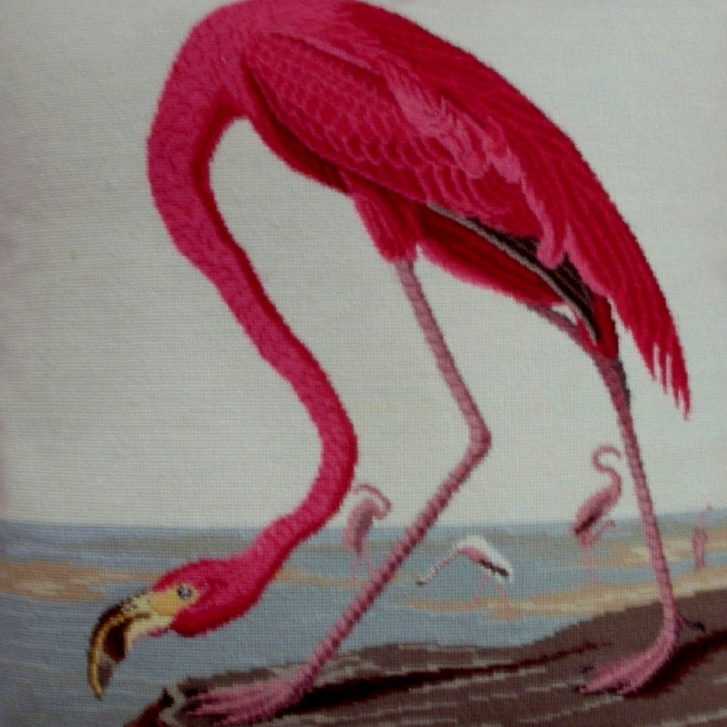 Handmade Wool Needlepoint Pillow Cover - Decorative Throw Cushion Cover - Vintage Floral Embroidery Design  ancient Flamingo with cording