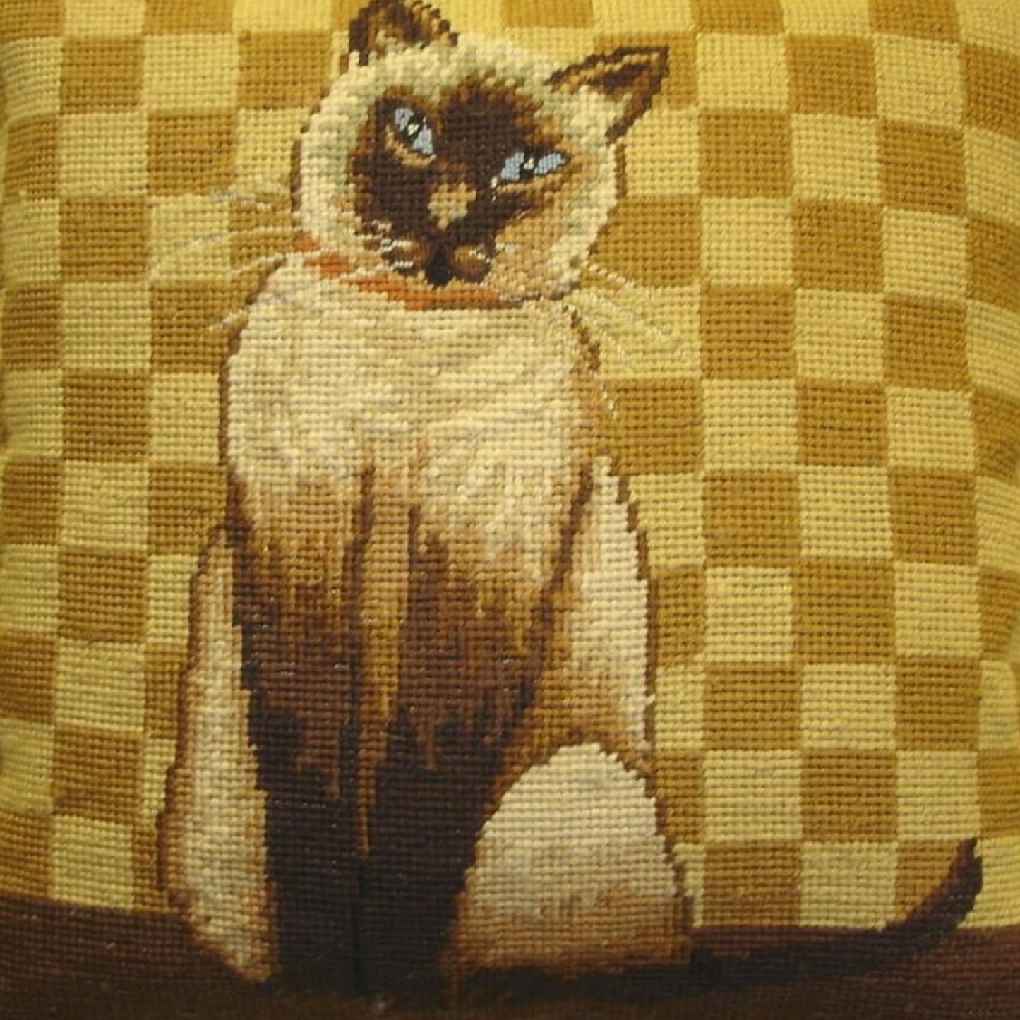 Handmade Wool Needlepoint Pillow Cover - Decorative Throw Cushion Cover - Vintage Floral Embroidery Design with  badge brown cat gold checker