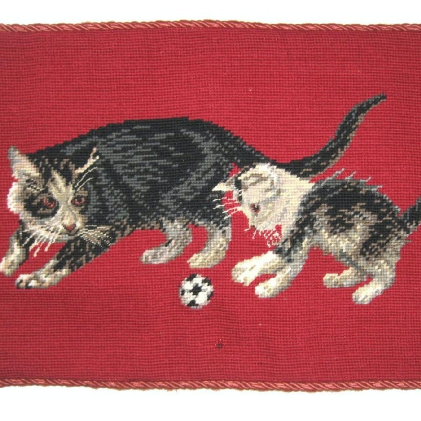 Handmade Wool Needlepoint Pillow Cover - Decorative Throw Cushion Cover - Vintage Floral Embroidery Design  on cat faces rest of in red background with cording