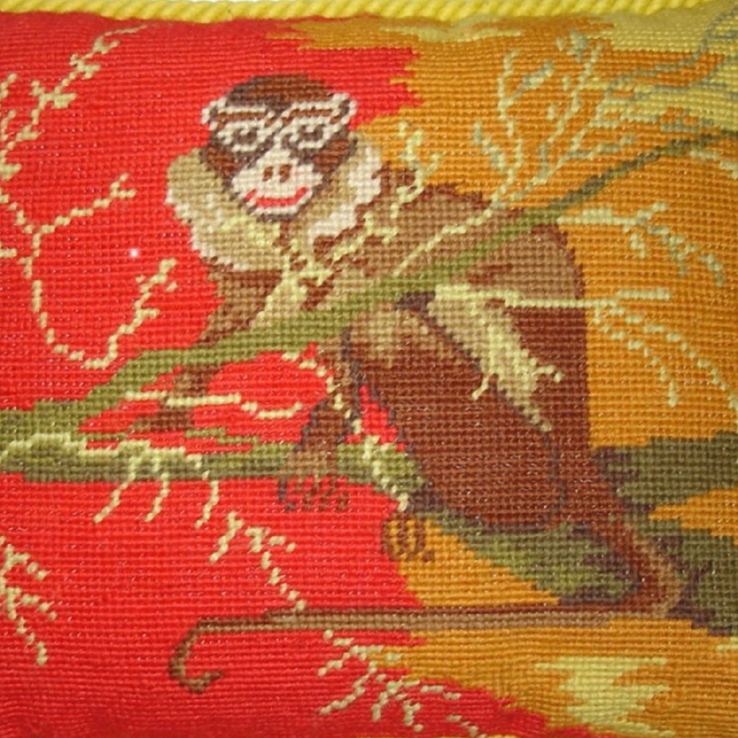 Handmade Wool Needlepoint Pillow Cover - Decorative Throw Cushion Cover - Vintage Floral Embroidery Design Patas on the tree bright background with gold cording