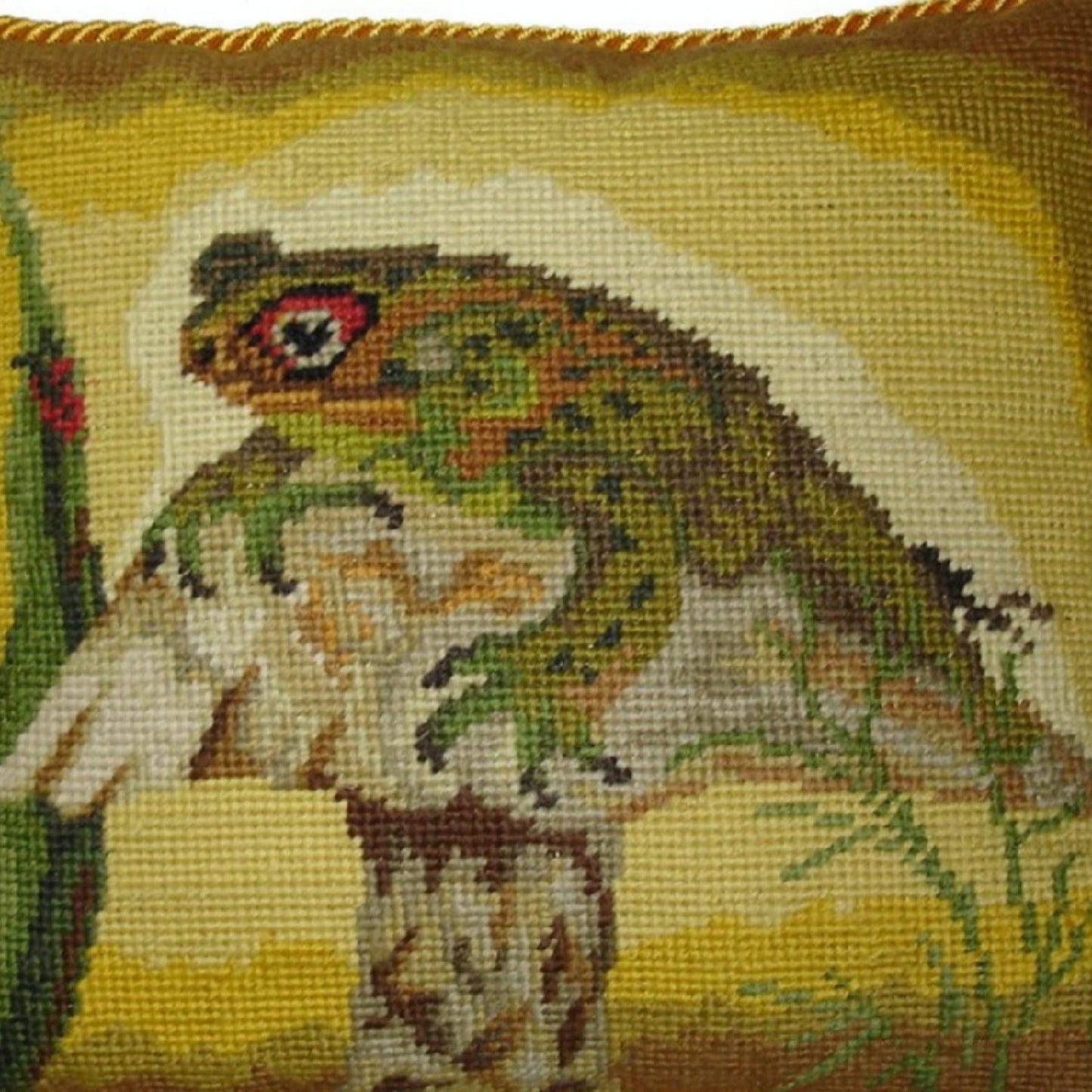 Handmade Wool Needlepoint Pillow Cover - Decorative Throw Cushion Cover - Vintage Floral Embroidery Design Frog on the mushroom with gold cording