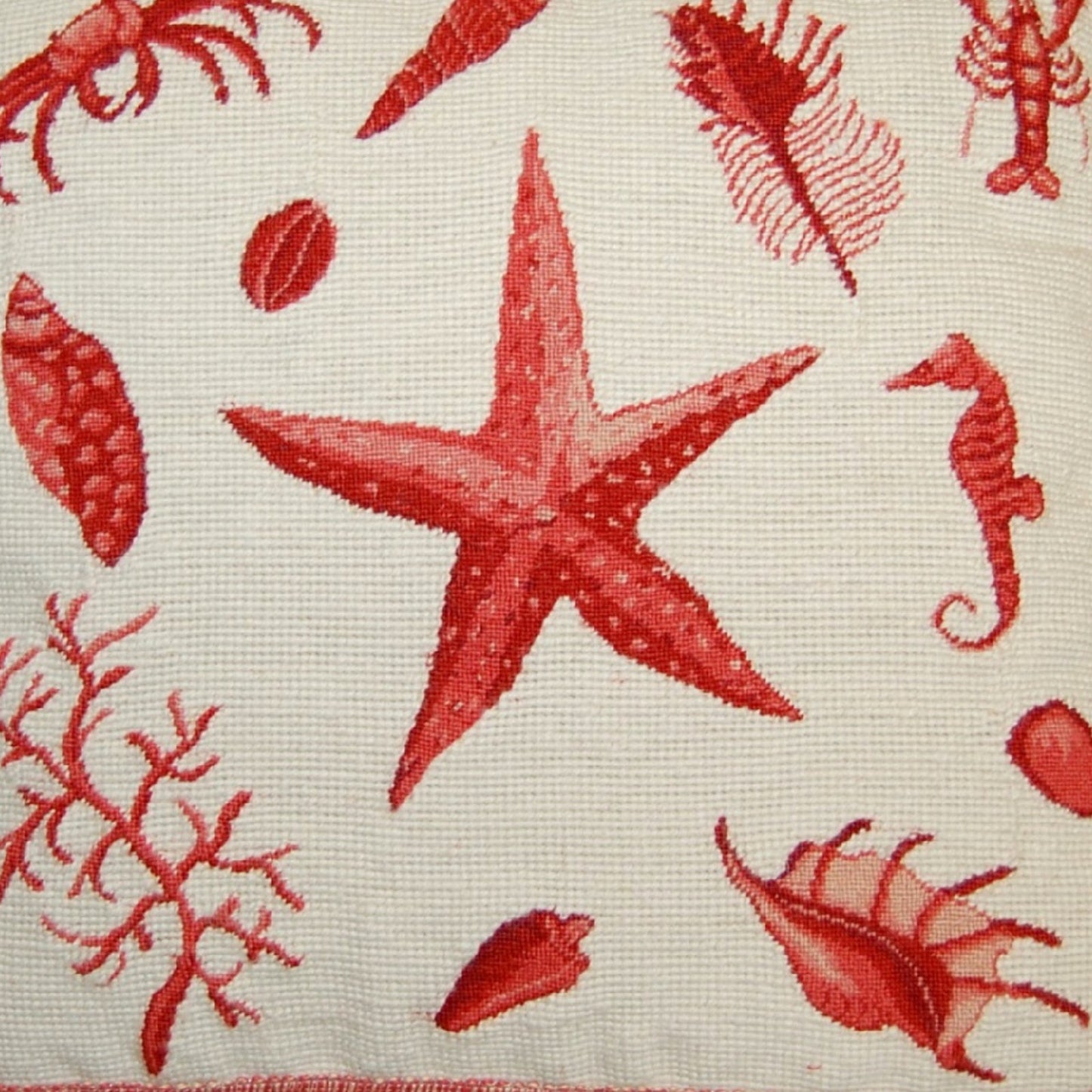 Handmade Wool Needlepoint Pillow Cover - Decorative Throw Cushion Cover - Vintage Floral Embroidery Design red sea-star with tassels