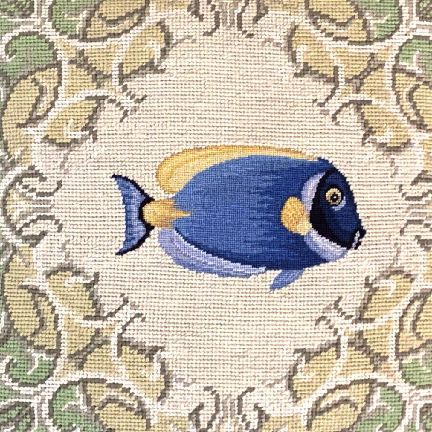 Handmade Wool Needlepoint Pillow Cover - Decorative Throw Cushion Cover - Vintage Floral Embroidery DesignFienst  tropical fish - Surgeonfish with green frame checker cording