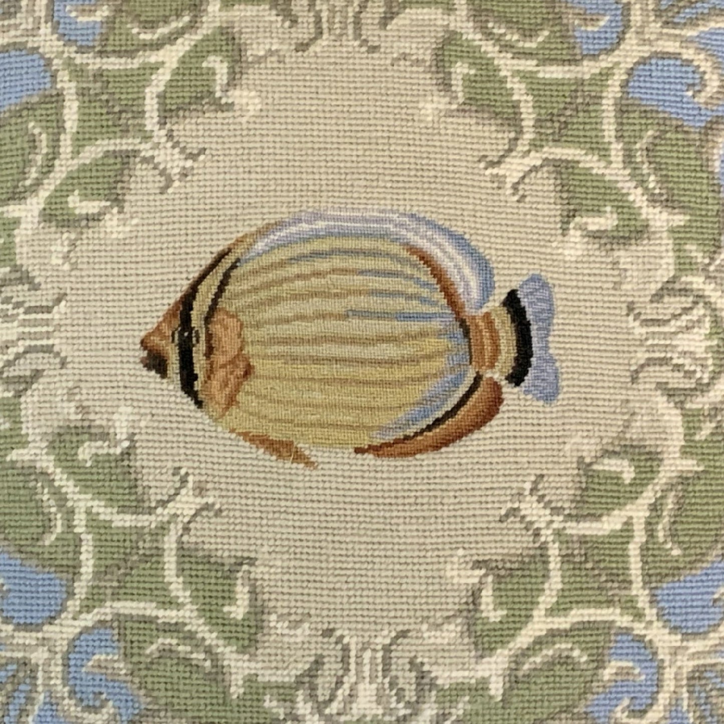 Handmade Wool Needlepoint Pillow Cover - Decorative Throw Cushion Cover - Vintage Floral Embroidery Design tropical fish-reef butterflyfish blue frame checker cording