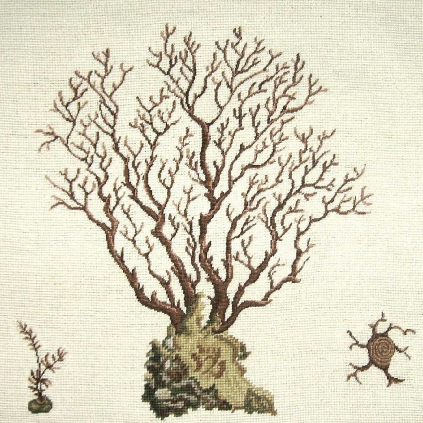 Handmade Wool Needlepoint Pillow Cover - Decorative Throw Cushion Cover - Vintage Floral Embroidery Design brown Marestail with 3 color cording