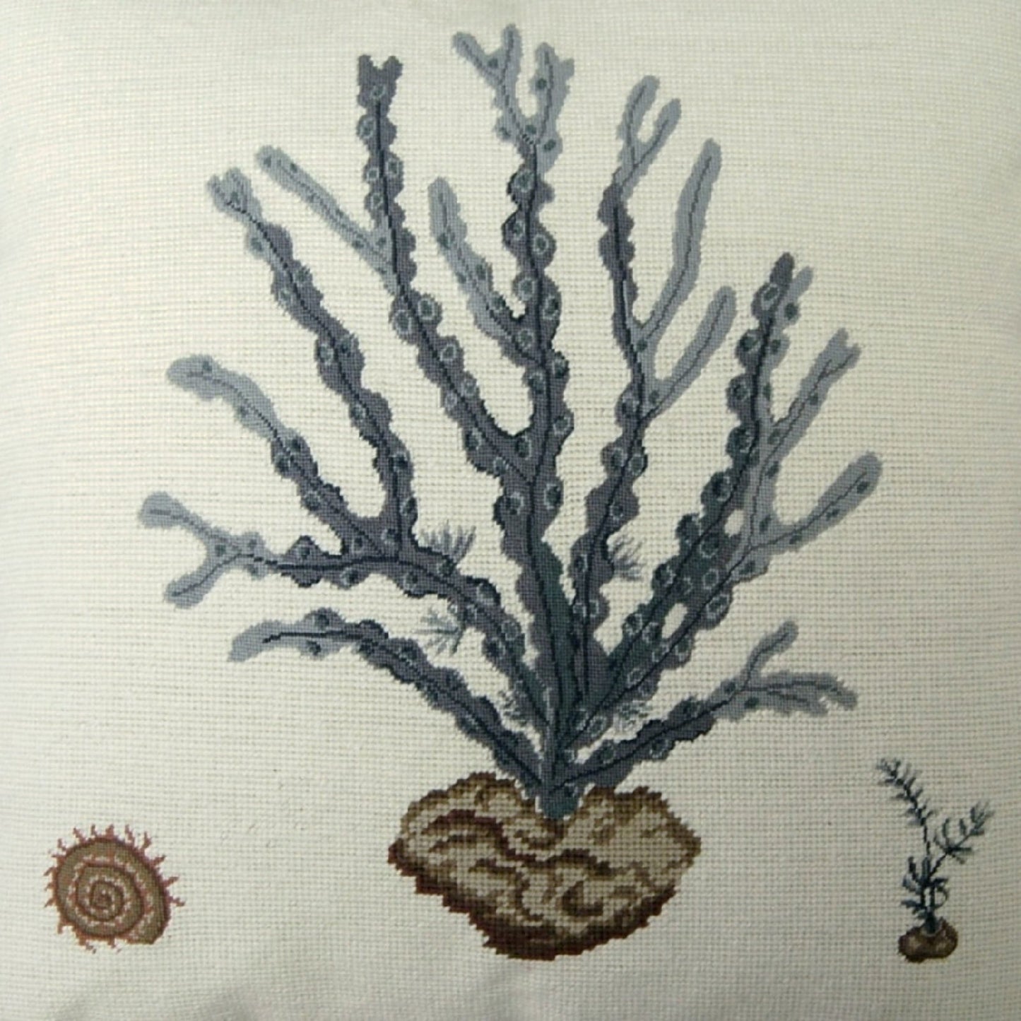 Handmade Wool Needlepoint Pillow Cover - Decorative Throw Cushion Cover - Vintage Floral Embroidery Design blue water weed in blue with blue cording