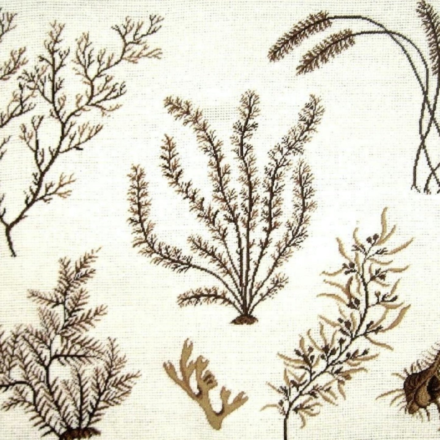 Handmade Wool Needlepoint Pillow Cover - Decorative Throw Cushion Cover - Vintage Floral Embroidery Design brown group seaweeds with cording