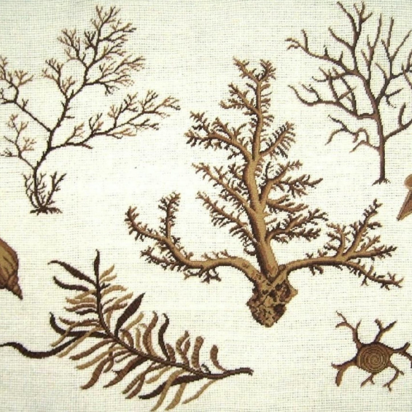 Handmade Wool Needlepoint Pillow Cover - Decorative Throw Cushion Cover - Vintage Floral Embroidery Design group seaweeds center brown coral with cording