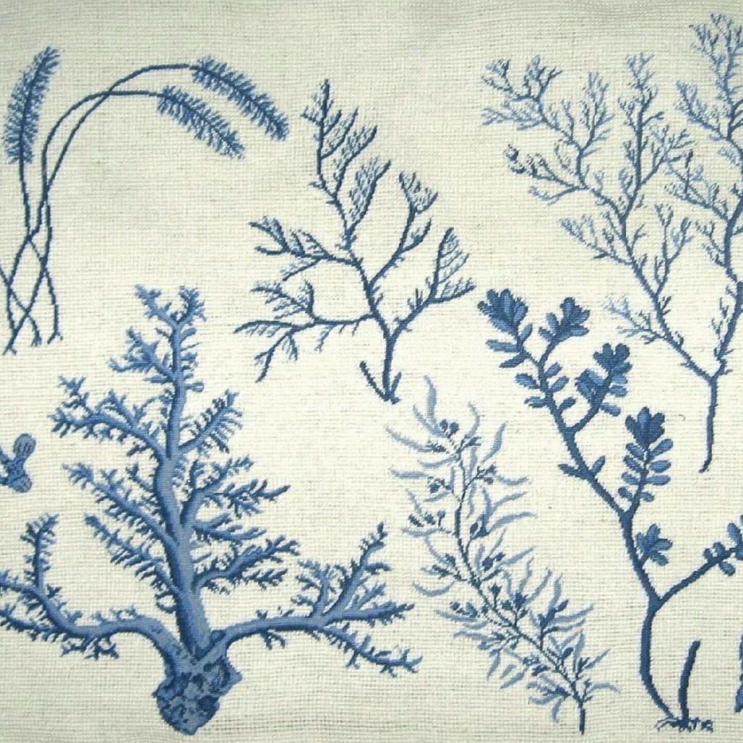 Handmade Wool Needlepoint Pillow Cover - Decorative Throw Cushion Cover - Vintage Floral Embroidery Design blue group seaweeds with coral left bottom with cording