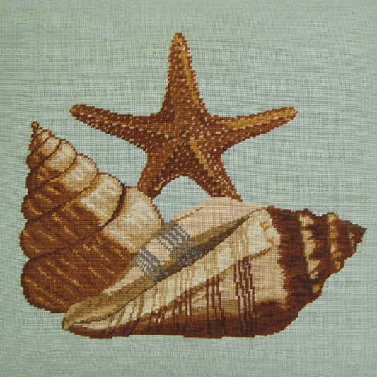 Handmade Wool Needlepoint Pillow Cover - Decorative Throw Cushion Cover - Vintage Floral Embroidery Design blue background with brown sea star fish and sea shells with tassel