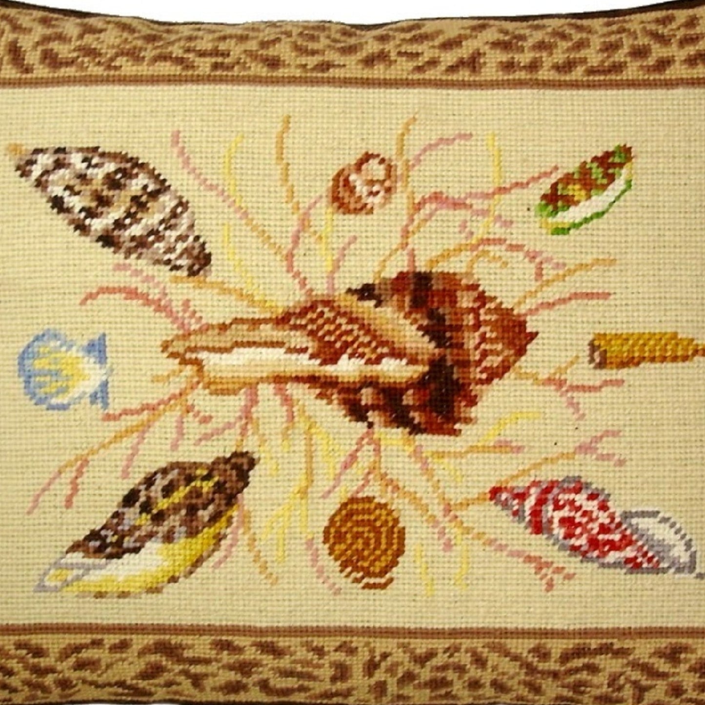 Handmade Wool Needlepoint Pillow Cover - Decorative Throw Cushion Cover - Vintage Floral Embroidery Design dark shell center animal print frame