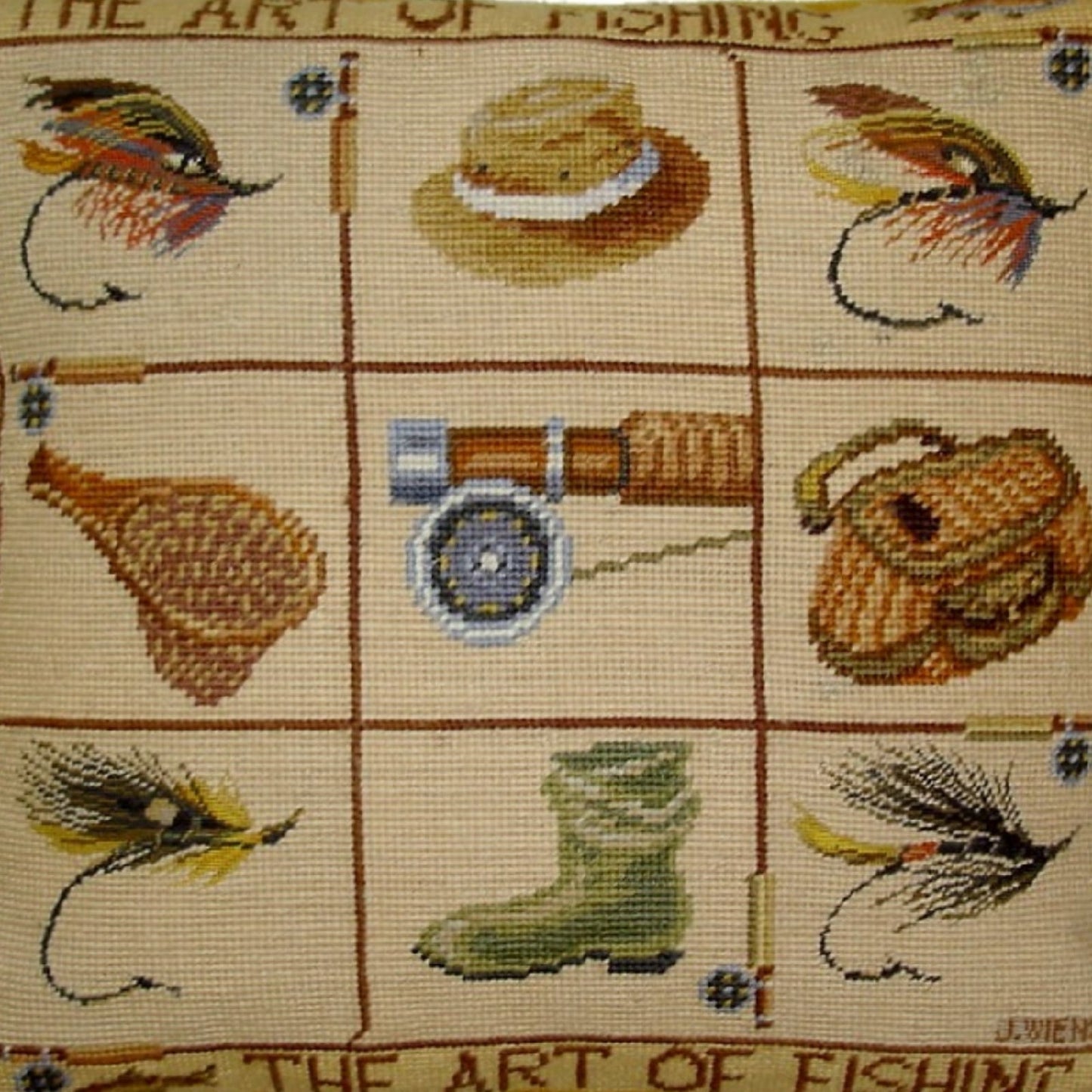 Handmade Wool Needlepoint Pillow Cover - Decorative Throw Cushion Cover - Vintage Floral Embroidery Design James Wienss designThe art of fishing, &