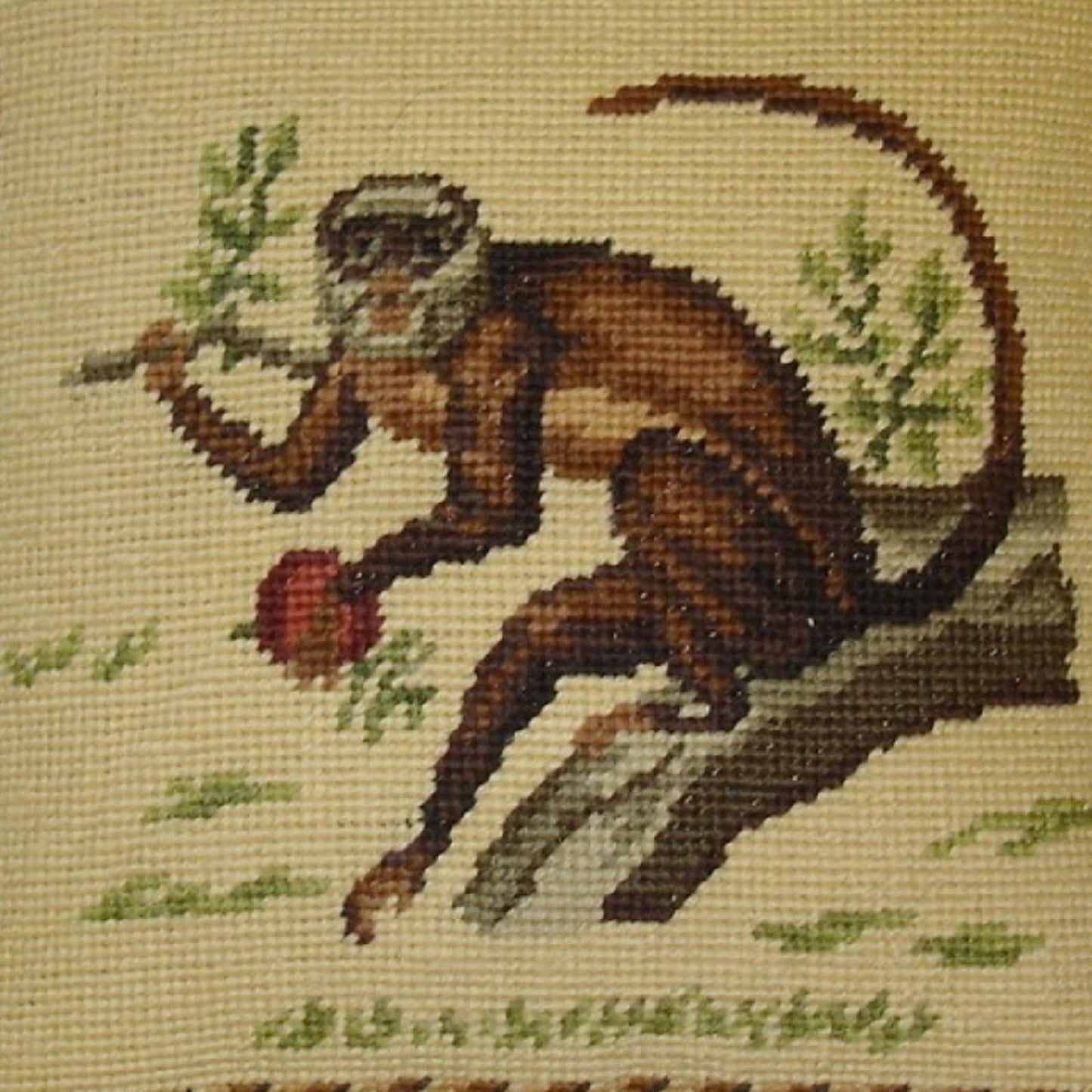 Handmade Wool Needlepoint Pillow Cover - Decorative Throw Cushion Cover - Vintage Floral Embroidery Design monkey carry leaves with cording