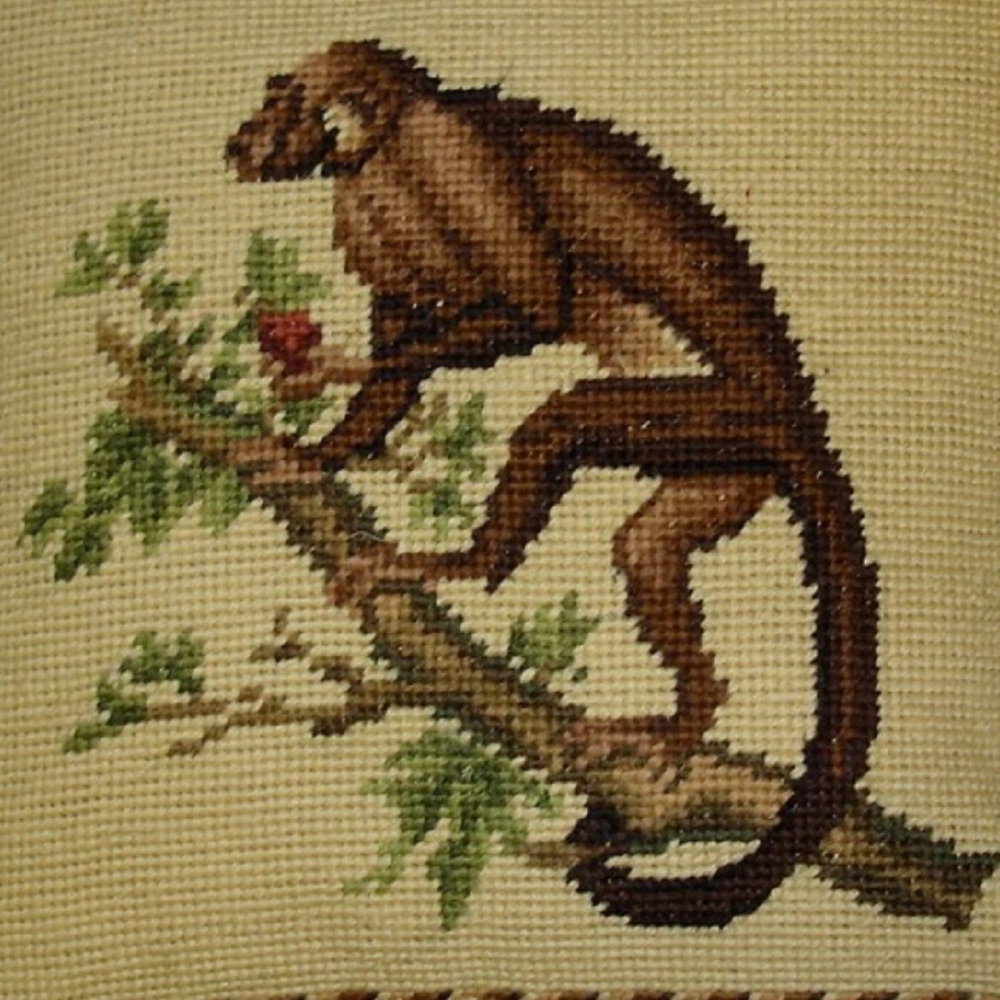 Handmade Wool Needlepoint Pillow Cover - Decorative Throw Cushion Cover - Vintage Floral Embroidery Design monkey holding the peach