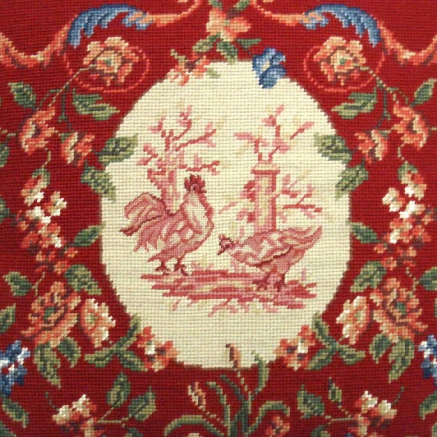 Handmade Wool Needlepoint Pillow Cover - Decorative Throw Cushion Cover - Vintage Floral Embroidery Design chickens floral with red cording