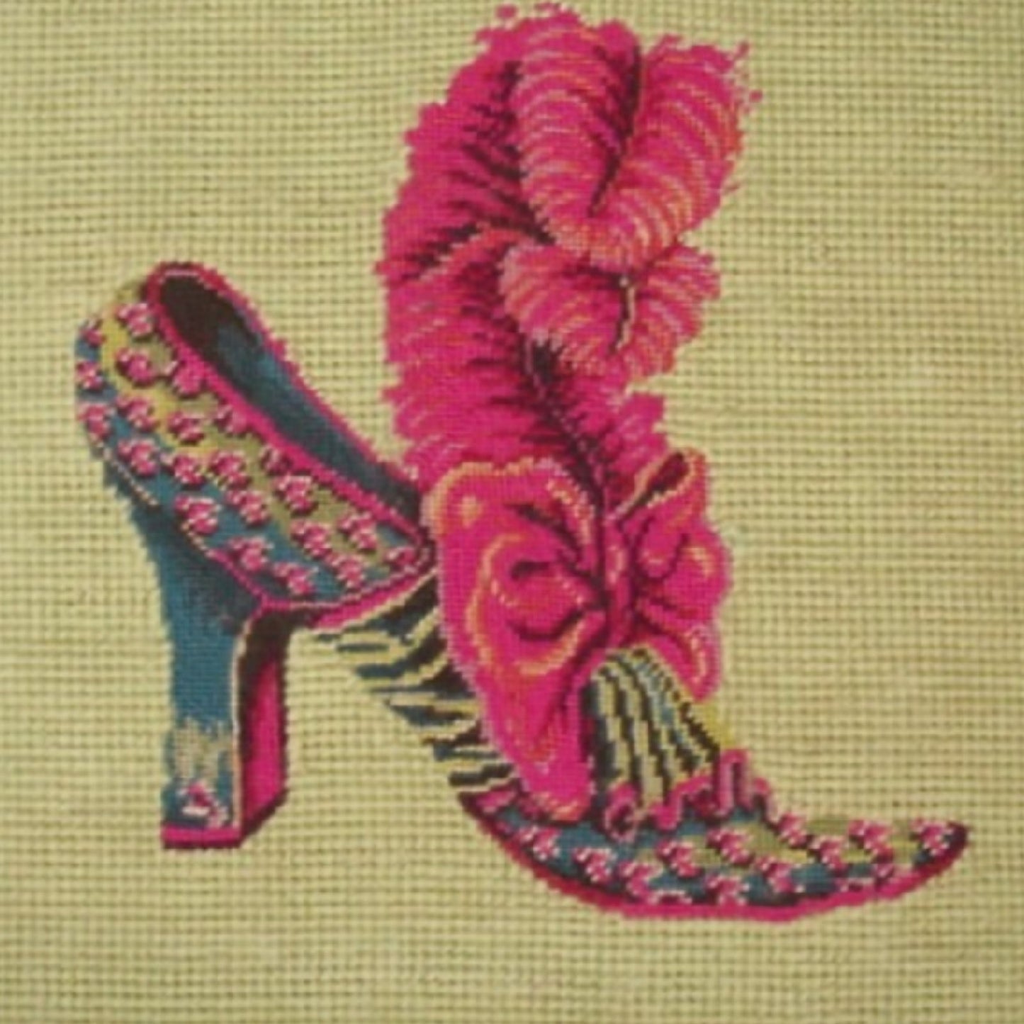 Handmade Wool Needlepoint Pillow Cover - Decorative Throw Cushion Cover - Vintage Floral Embroidery Design feather shoe with green background 2 color cording