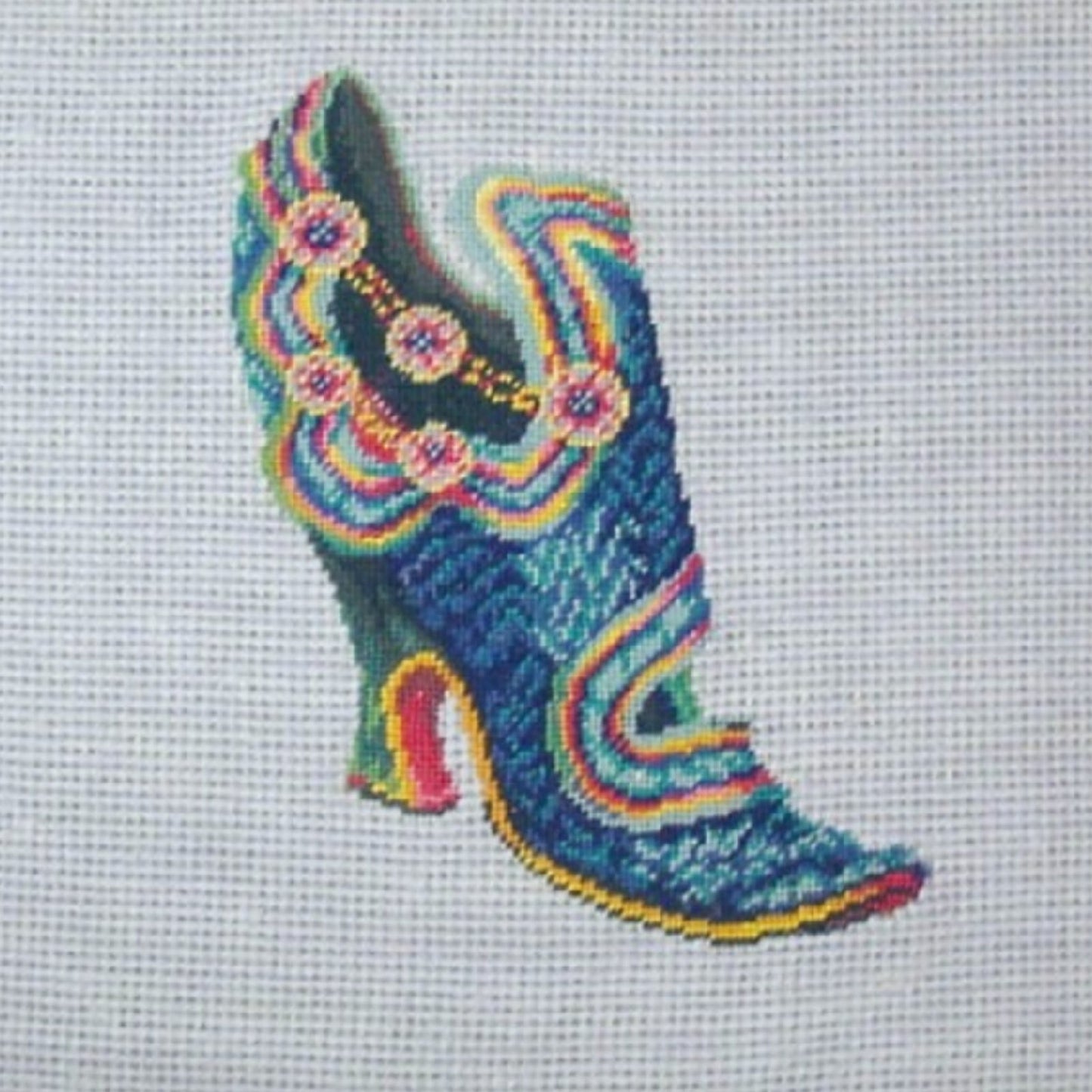 Handmade Wool Needlepoint Pillow Cover - Decorative Throw Cushion Cover - Vintage Floral Embroidery Design leather shoe with blue background 2 color cording