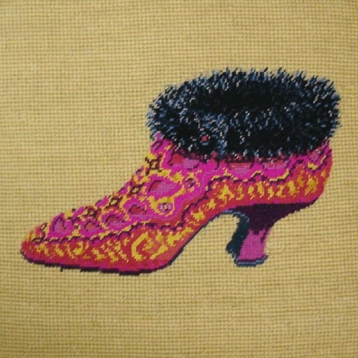 Handmade Wool Needlepoint Pillow Cover - Decorative Throw Cushion Cover - Vintage Floral Embroidery Design  fur shoe yellow background with 2 color cording