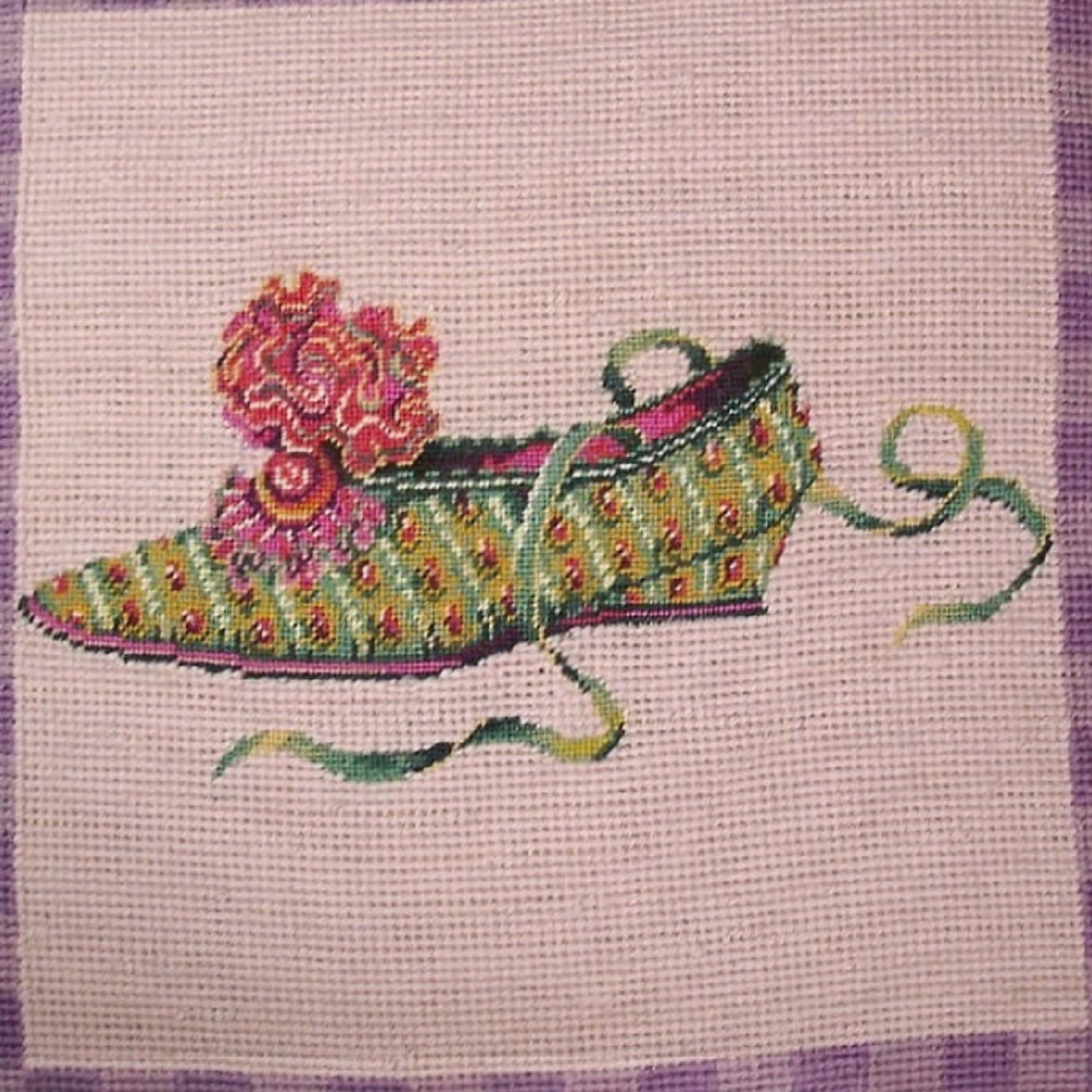 Handmade Wool Needlepoint Pillow Cover - Decorative Throw Cushion Cover - Vintage Floral Embroidery Design flat show lavender background with 2 color cording