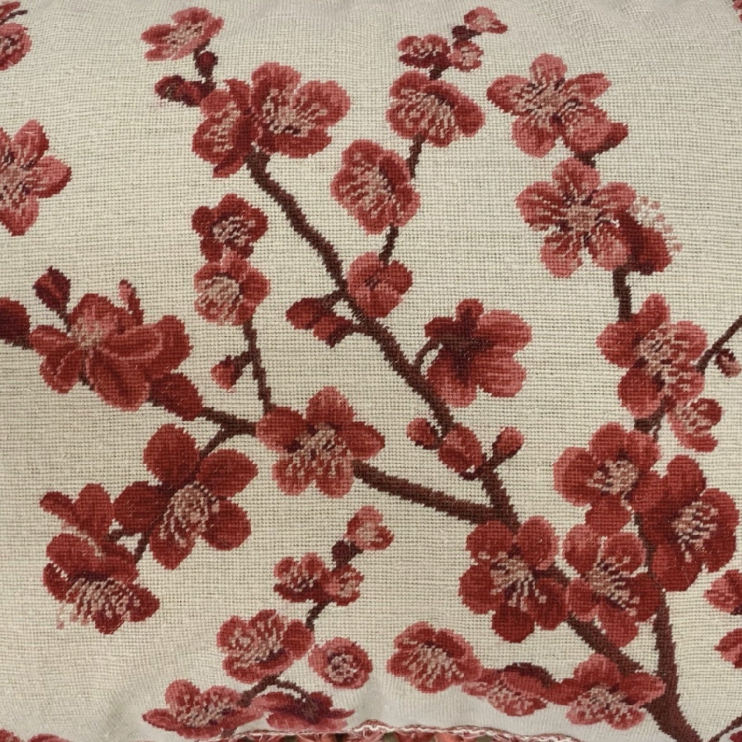 Handmade Wool Needlepoint Pillow Cover - Decorative Throw Cushion Cover - Vintage Floral Embroidery Design  red blooming plums with tassels
